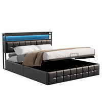BETT mit Bettkasten 140x200 cm mit LED und USB, Polsterbett 140x200, Doppelbett 140x200 mit Stauraum, Lattenrost, Kopfteil, Schwarz PU - Schwarz, Textil/Metall (140/200cm) - GENKI LIVING