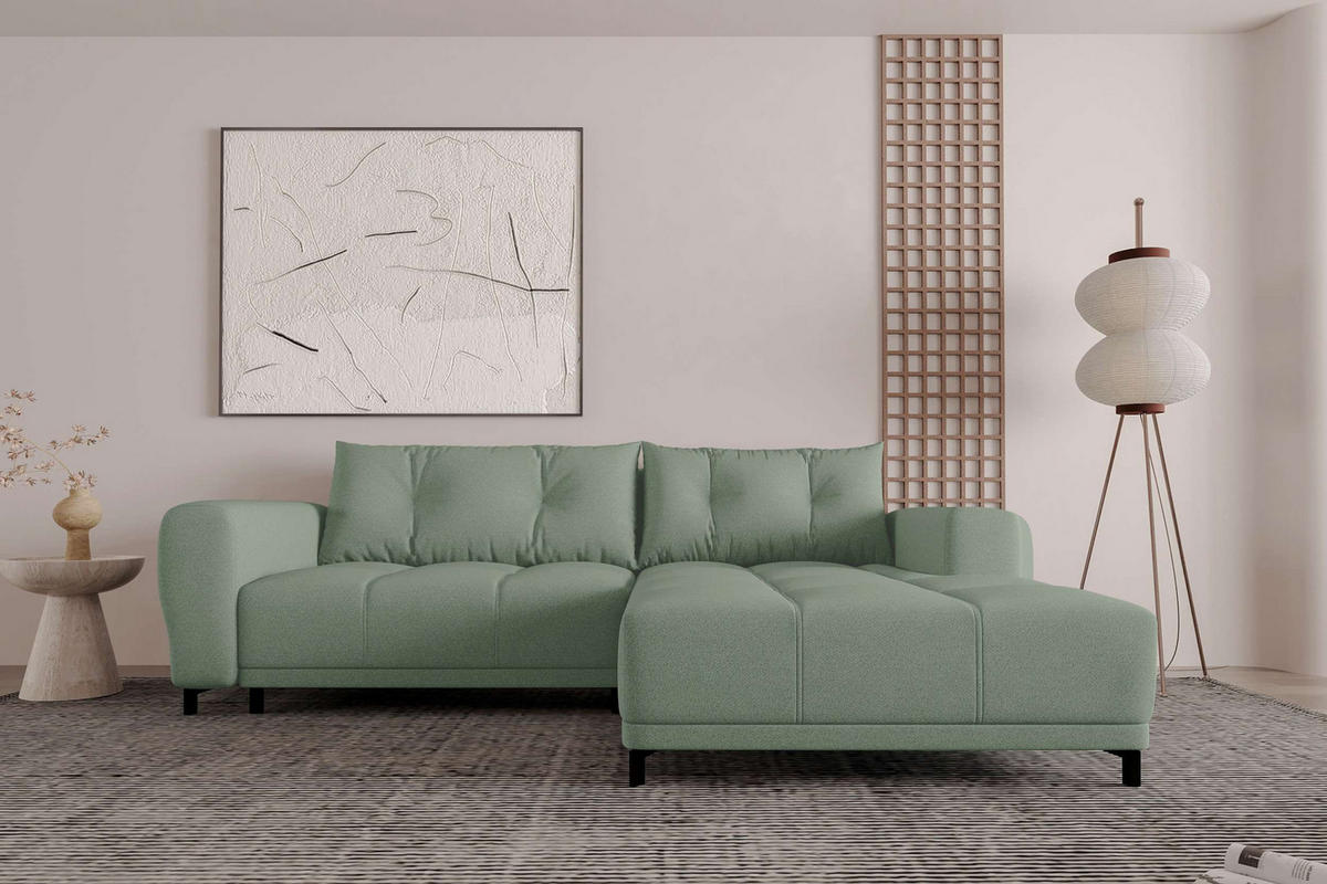 ECKSOFA Massimo Strukturstoff Salbeigrün inkl. Schlaffunktion Rechts - Salbeigrün/Schwarz, Textil/Metall (246/177cm) - 99rooms