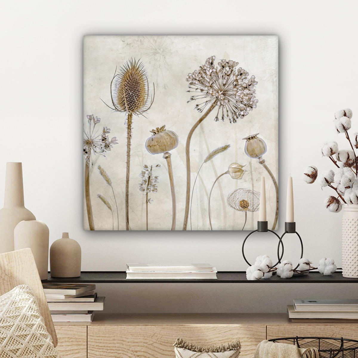 LEINWANDBILD Blumen - Aquarell - Stilleben - Braun - Vintage Wandbild Wohnzimmer 50x50 cm - Beige, Textil (50/50cm) - MuchoWow