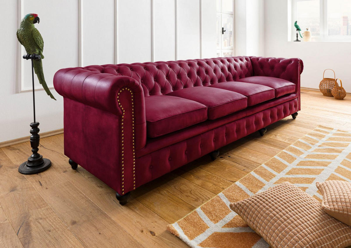 SOFA 4-Sitzer Echtleder 274x82x75 rot CHESTERFIELD #404 - Rot, Leder (274/75/82cm) - Massivmoebel24
