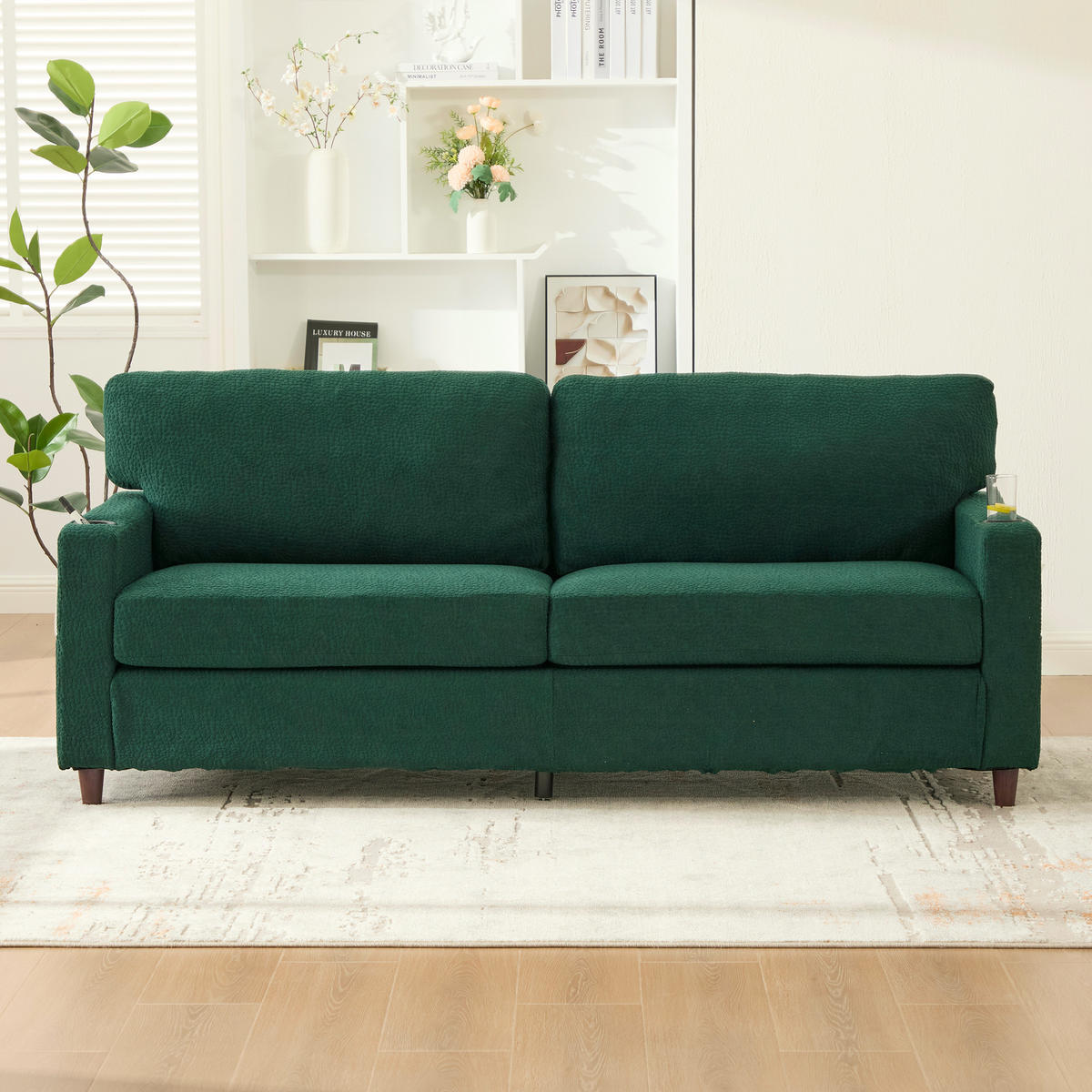 ZWEISITZER Sofa Chenille mit USB-Anschluss LED und Getränkehaltern 203/77,5/86 cm Smaragdgrün - Smaragdgrün, Textil (77.5/86/203cm) - Redom