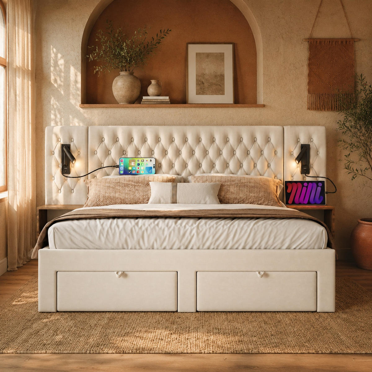 POLSTERBETT 160/200 mit Nachttischen, Schubladen und USB & Type-C in Beige - Beige, Holzwerkstoff/Textil (160/200cm) - EVRYAE
