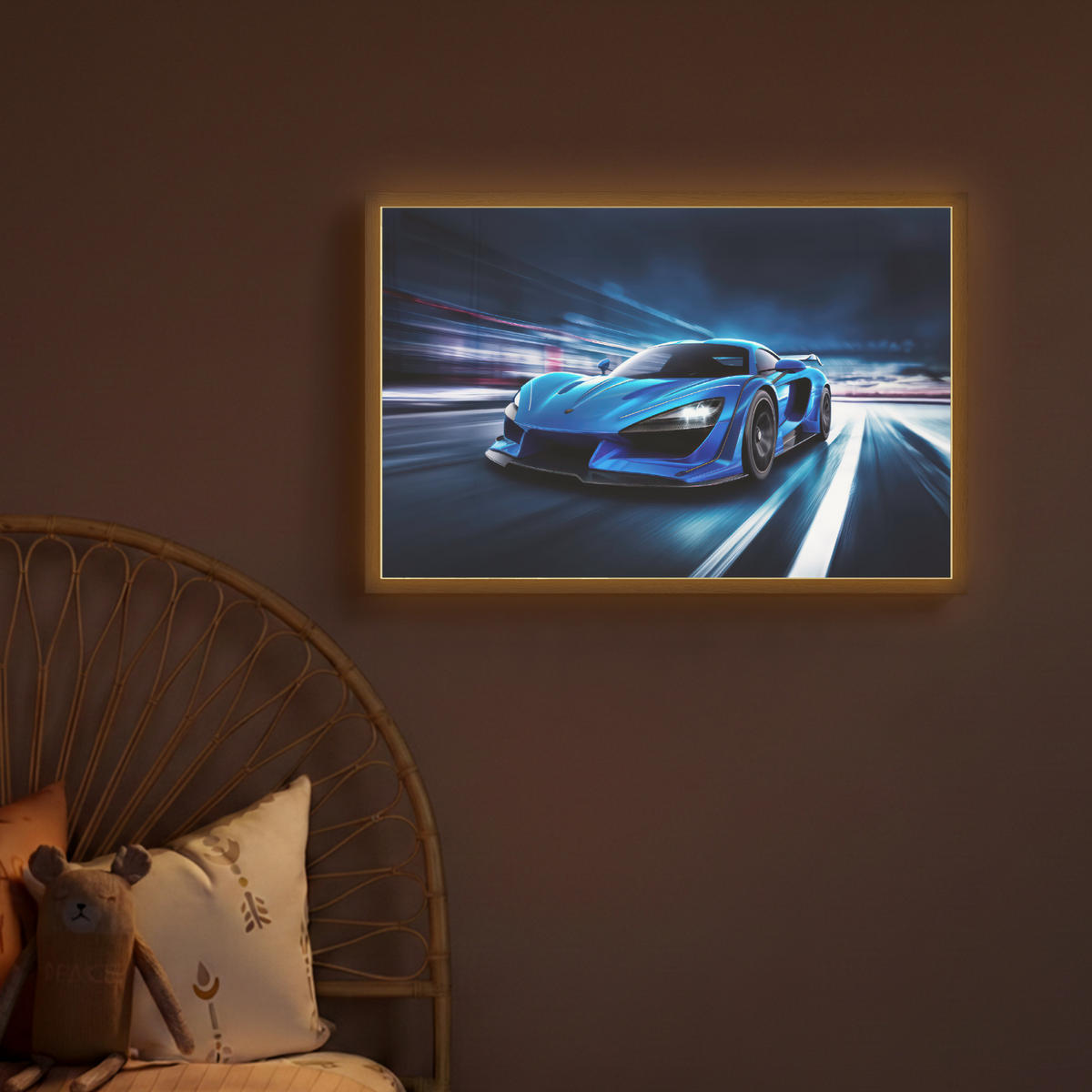 DOBÍJECÍ NOČNÍ LAMPIČKA Auto - Modrá - Chlapci - Dítě 60x40 cm - modrá, kompozitní dřevo (8/60/40cm) - OnlyWow