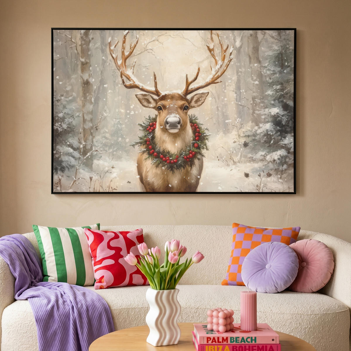 LEINWAND Bilder mit Rahmen - Weihnachten - Rentier - Winter - Kranz - 140x90 - Naturfarben, Textil (140/90cm) - MuchoWow