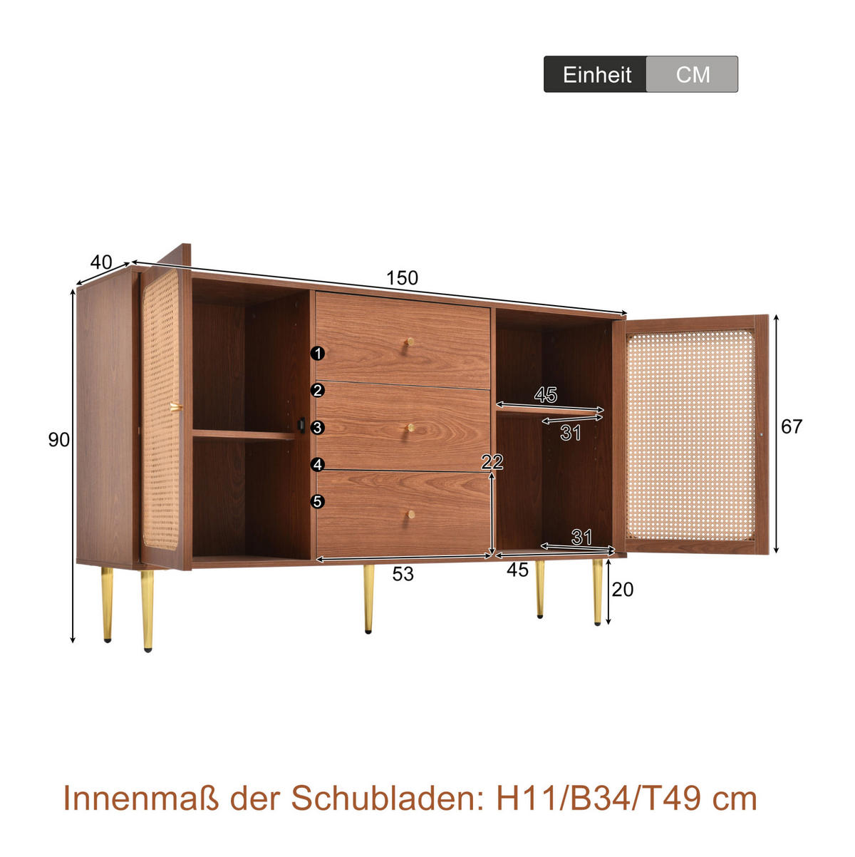 KOMMODE 150/40/90 cm aus Holzwerkstoff und Metall mit höhenverstellbarem Fachboden Nussbaum - Naturfarben, Metall (150/90/40cm) - Modenvie