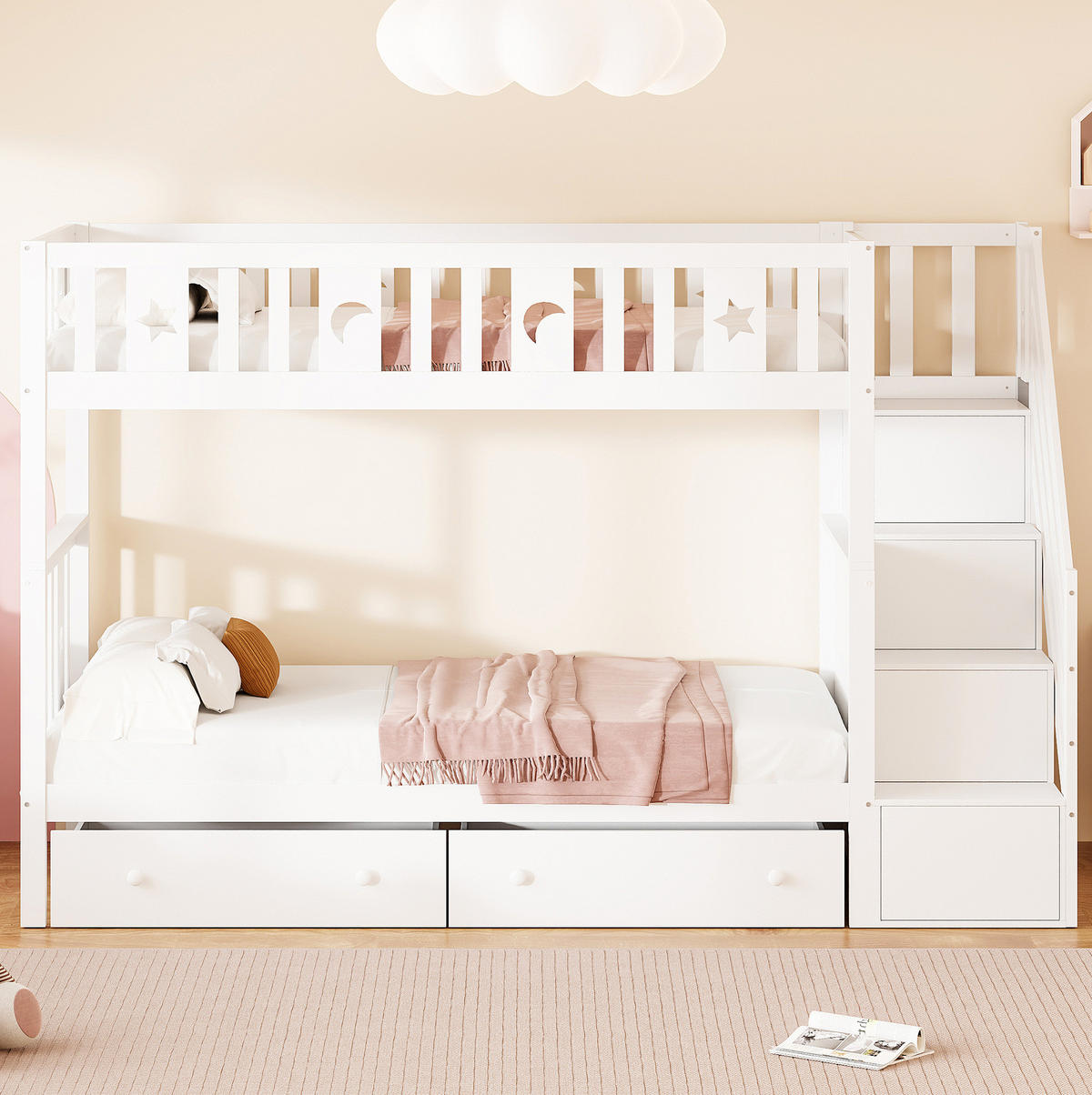 POSCHODOVÁ posteľ 90/200 cm biela s úložnými schodmi a 2 zásuvkami z borovicového dreva a MDF - biela, drevo (90/200cm) - OKWISH