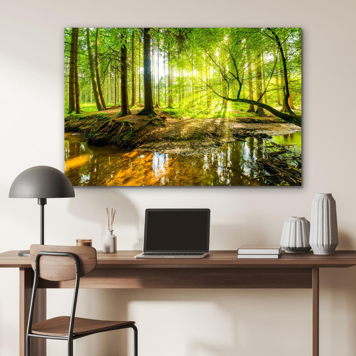 METALLBILD Wald - Landschaft - Wasser - Bäume - Sonne - Grün - Natur 90x60 cm - Grün, Metall (90/60cm) - MuchoWow