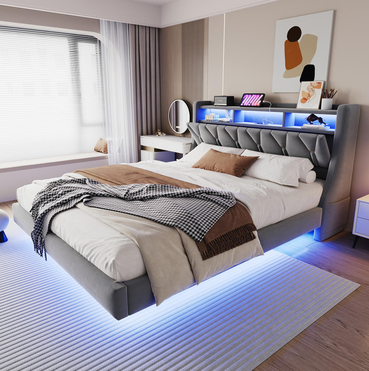 TAPECIRANI krevet 180/200 cm s LED osvjetljenjem, USB i Type-C priključcima te sklopivim uzglavljem, Siva - siva, drvni materijal (180/200cm) - Redom