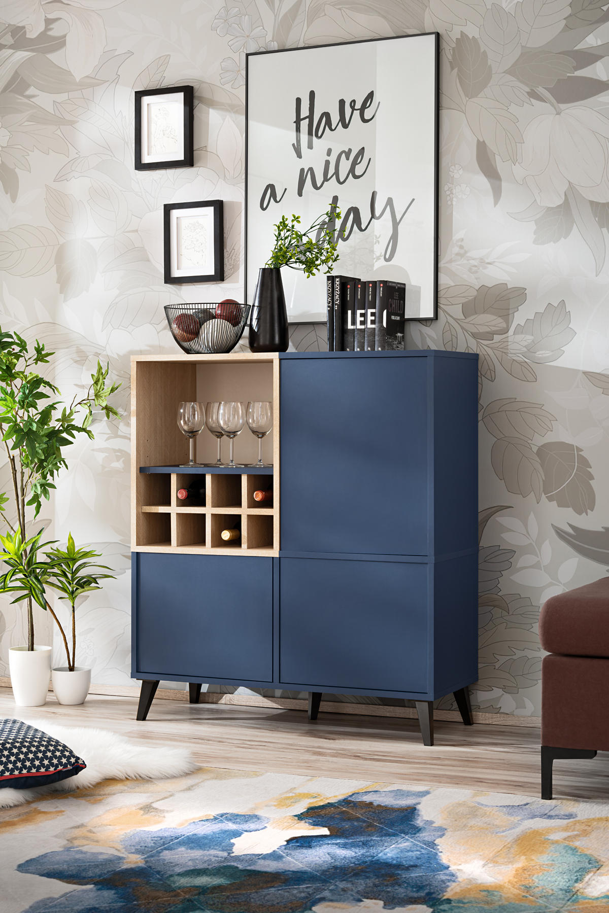 SIDEBOARD FONDI, Blau, Skandinavische Tanne - Blau/Hellbraun, Holzwerkstoff/Metall (89.9/102/35cm) - Komodee