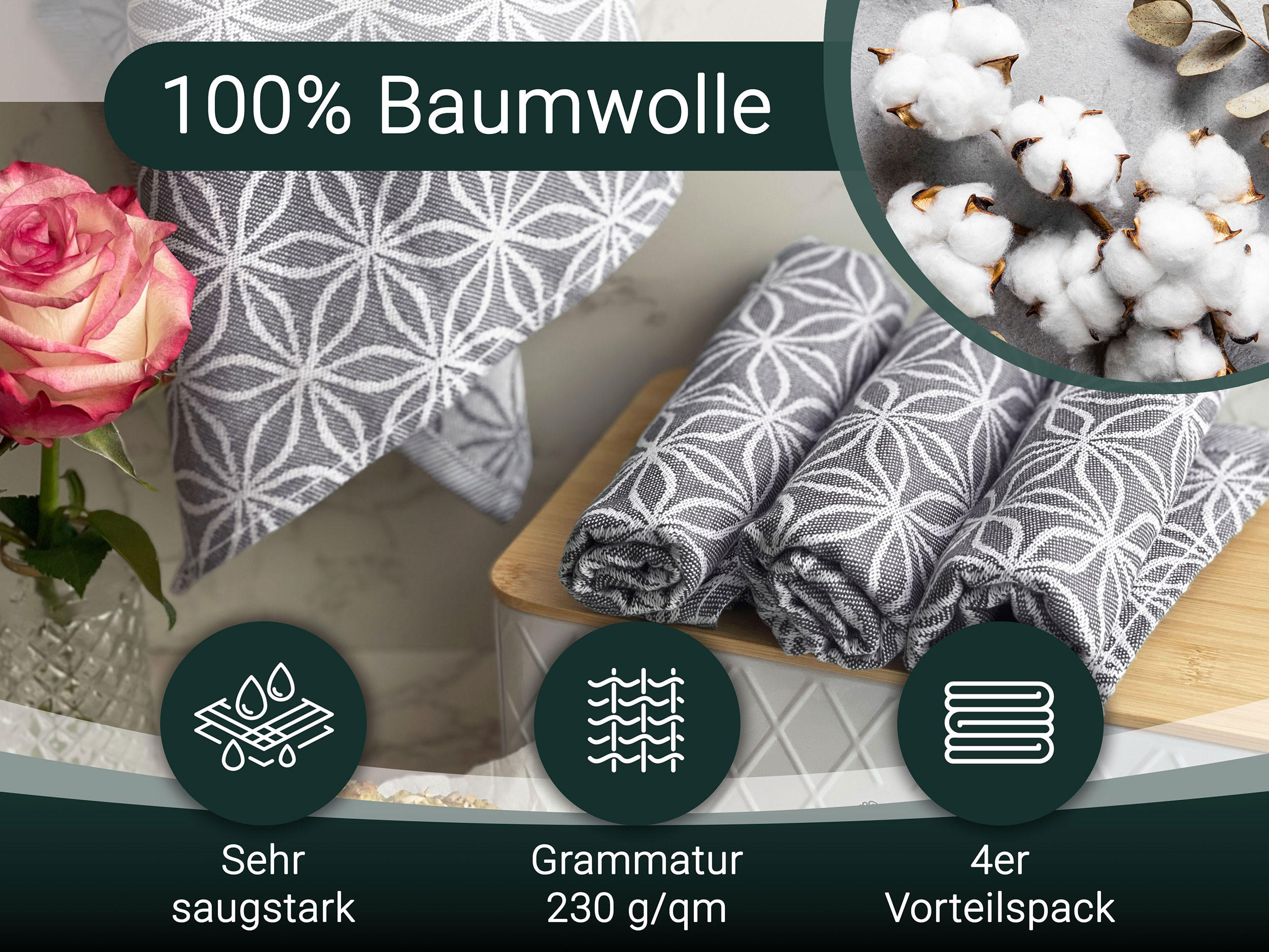 GESCHIRRTÜCHER, 4er-Set, 50 x 70 cm, 100% Baumwolle, Grau - Grau, Textil (50/70cm)