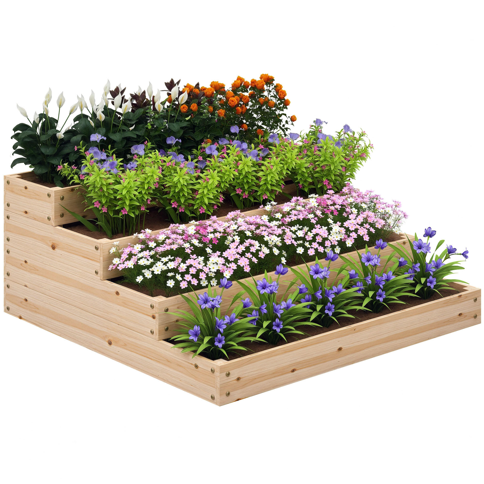 HOCHBEET DE-12204 4-stufig, 113/113/46 cm mit Unkrautschutz Natur - Naturfarben, Holz (113/46/113cm) - ComfortXL