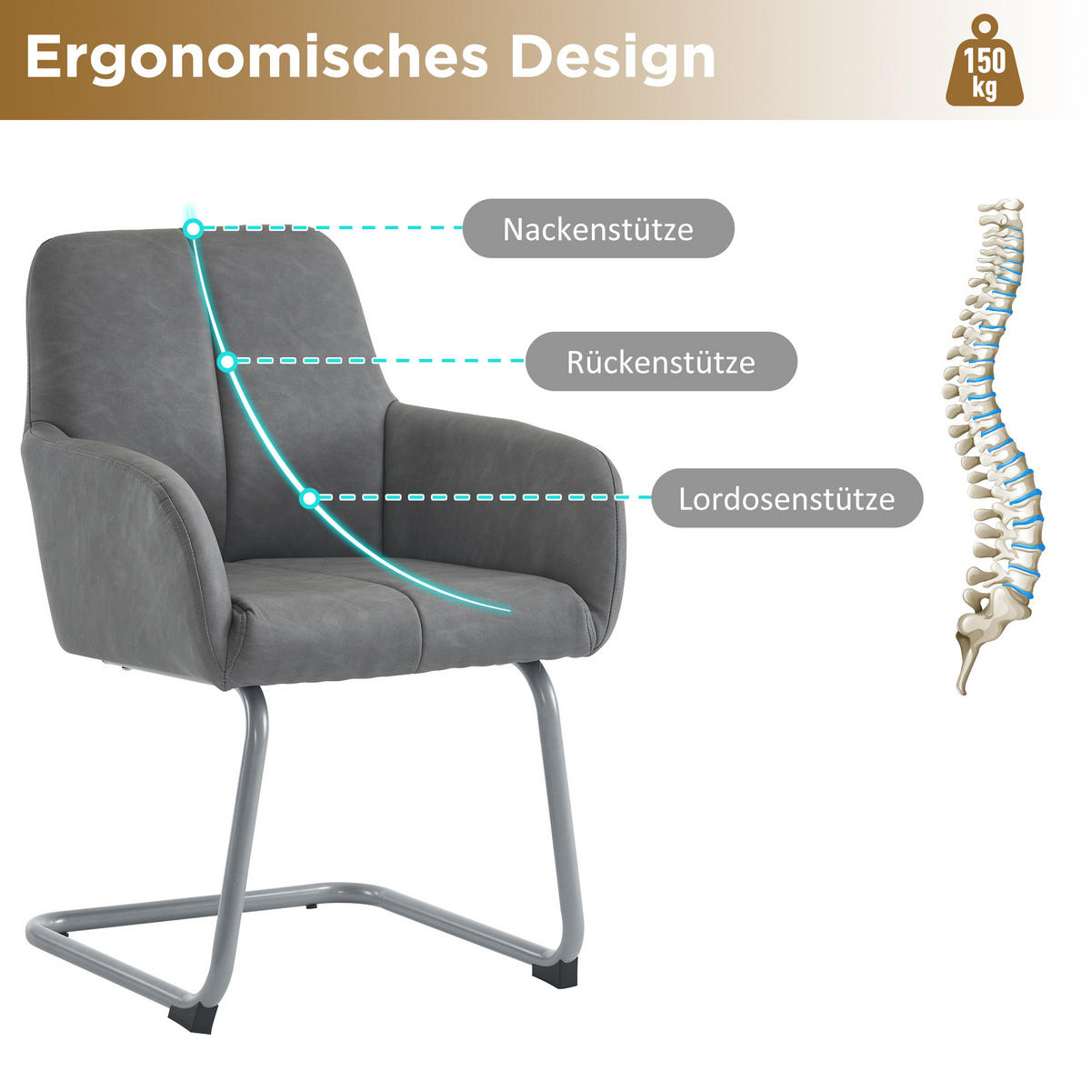 ESSZIMMERSTUHL 2er Grau modern Stahlfüße Freizeitstuhl - Grau, Leder (58.5/87/56cm) - FLIEKS
