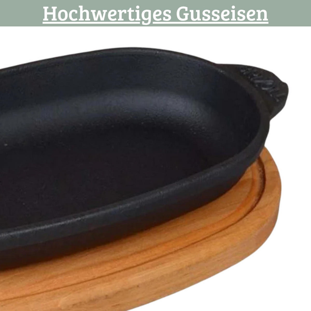 SERVIERPFANNE Gusseisen LUDI mit Holzuntersetzer 22x14 cm - Schwarz, Metall (14/22/2.5cm) - DELUKE