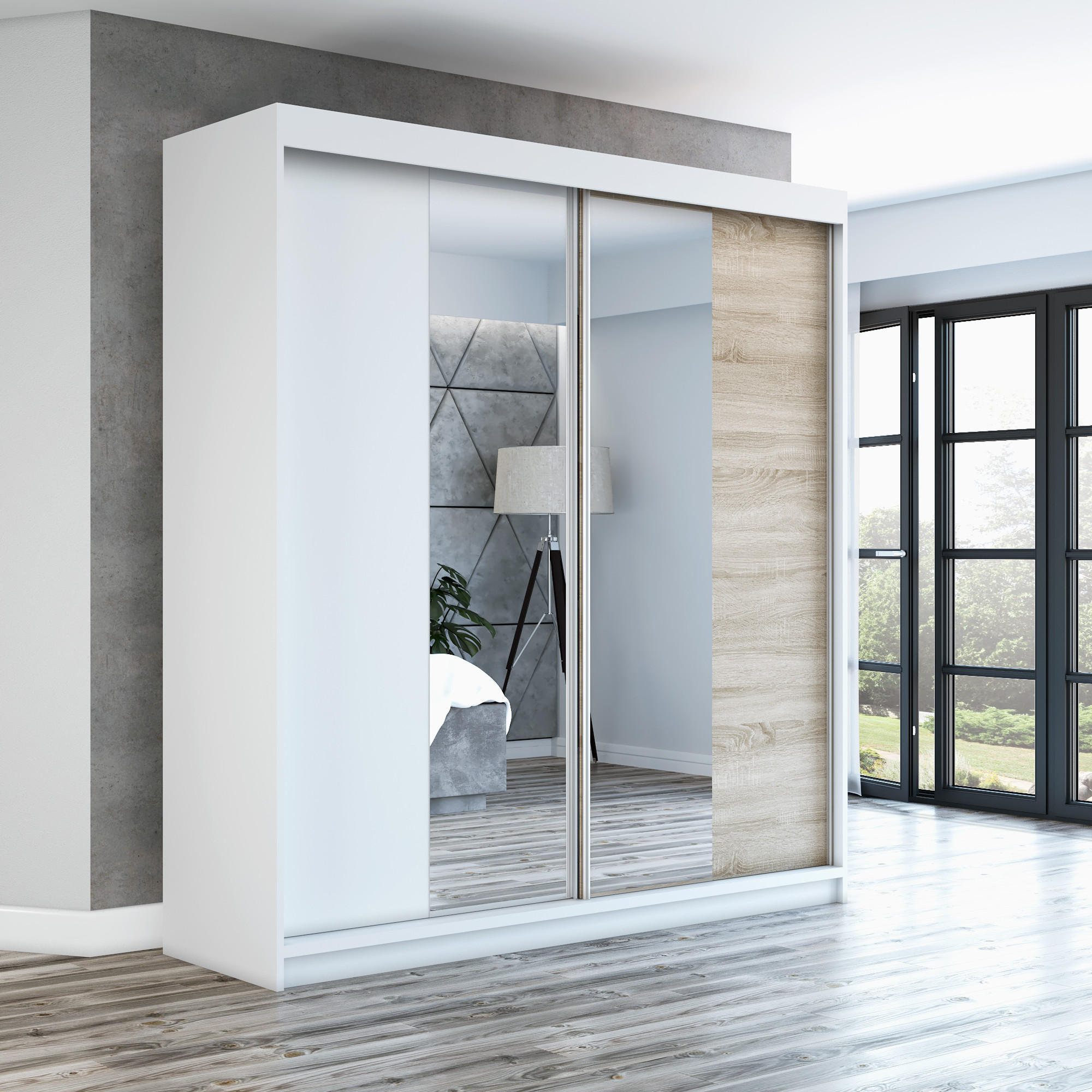 SCHWEBETÜRENSCHRANK 120 CM NEO Farbe: Weiß / weiß / sonoma - Weiß/Braun, Holzwerkstoff (120/215/59.5cm) - A&J MöbelLand