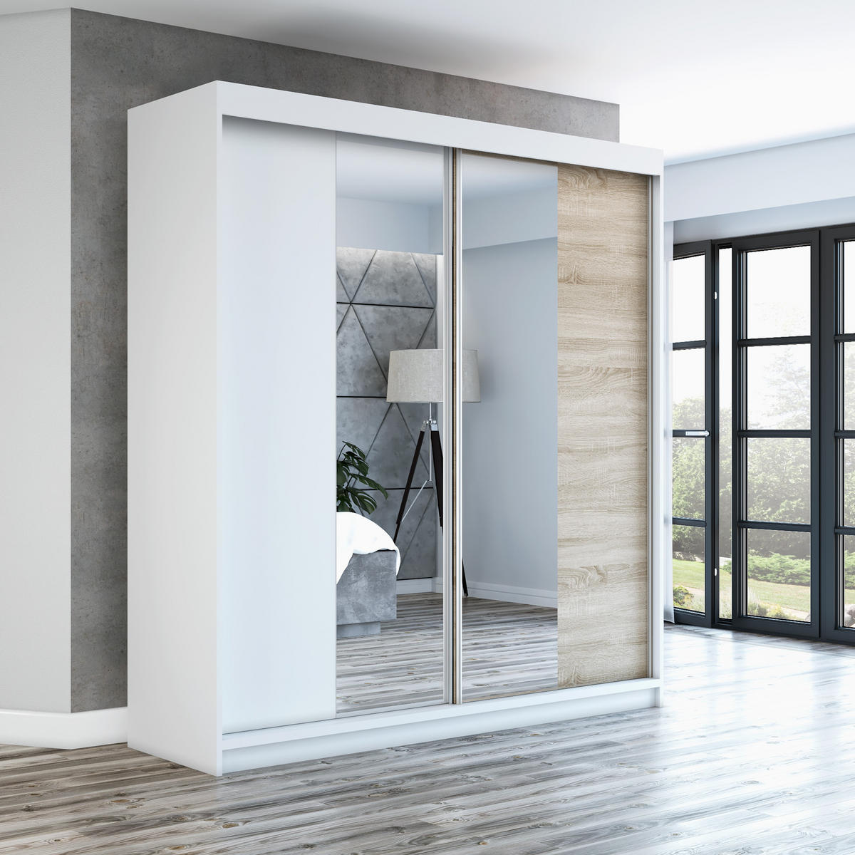 SCHWEBETÜRENSCHRANK 120 CM NEO Farbe: Weiß / weiß / sonoma - Weiß/Braun, Holzwerkstoff (120/215/59.5cm) - A&J MöbelLand