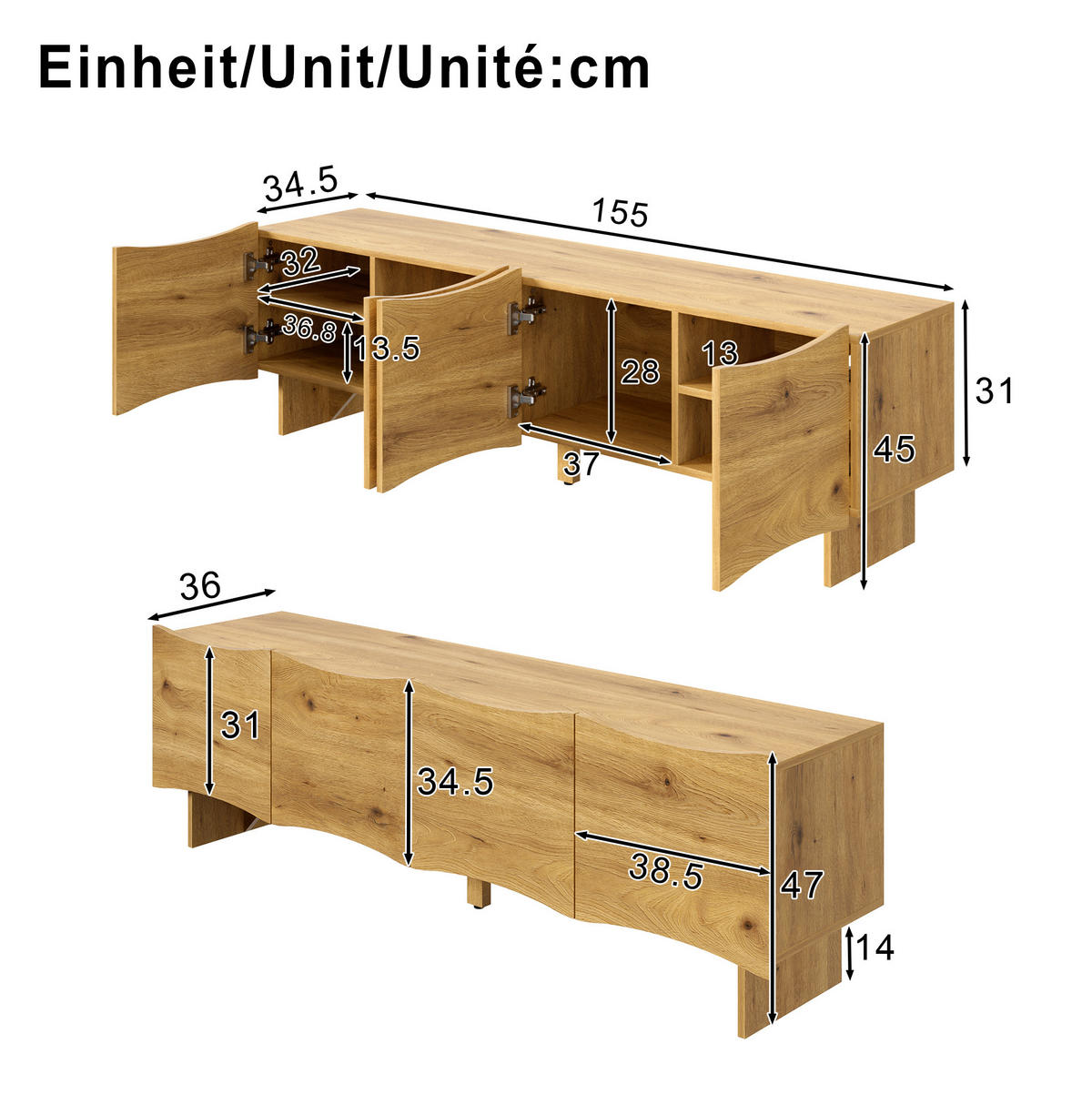 TV-SCHRANK aus Spanplatte 155x36x47 cm Natur mit 4 Türen, Wellenmuster und Kabelmanagement - Eichefarben, Holzwerkstoff (155/47/36cm) - Modfu