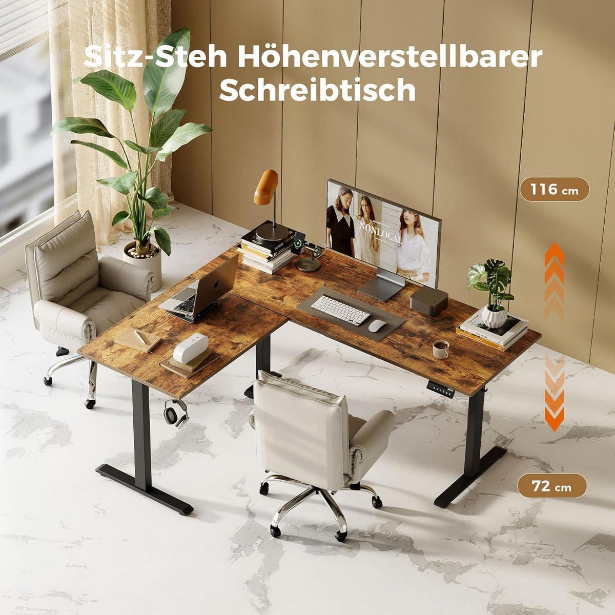 SCHREIBTISCH L-förmig höhenverstellbar Braun 150 x 125 cm - Braun, Holzwerkstoff (150/60/75cm)