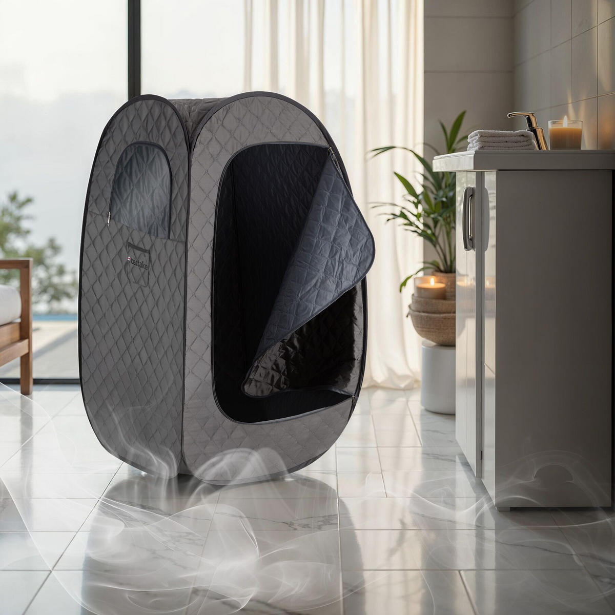 MOBILE DAMPFSAUNA Thermaluxe I,inkl. Fernbedienung, Matte, Klappstuhl und Tragetaschen,dunkelgrau/schwarz - Dunkelgrau/Schwarz, Kunststoff (84/145/84cm) - tectake