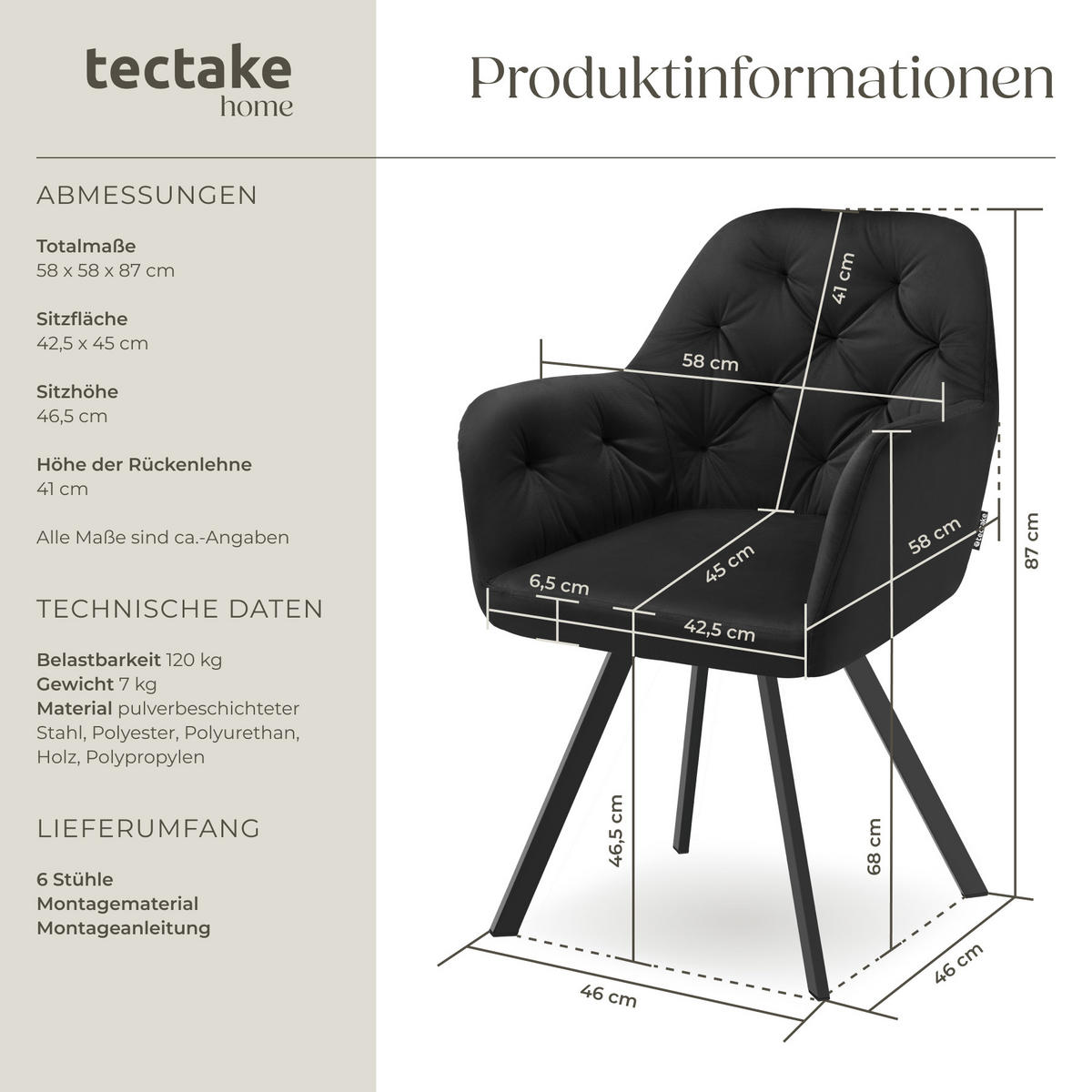 ARMLEHNSTUHL Drehbarer Samt 6er Set Lucia 58 x 58 x 87 cm schwarz - Schwarz, Kunststoff (58/87/58cm) - tectake