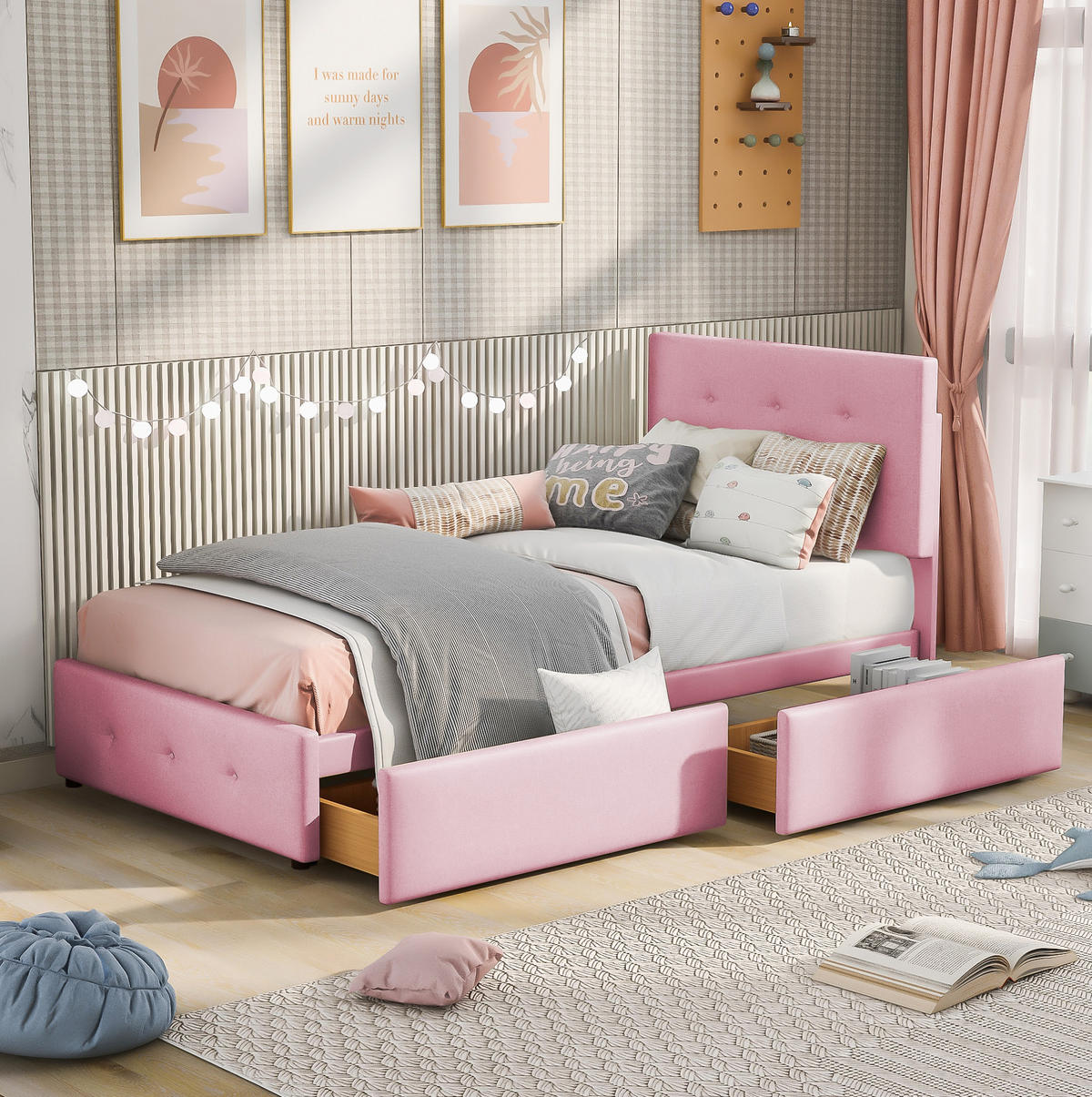 POLSTERBETT 90/200 cm mit Lattenrost, Rückenlehne und Schublade aus Samt, Pink - Pink, Textil (90/200cm) - Redom