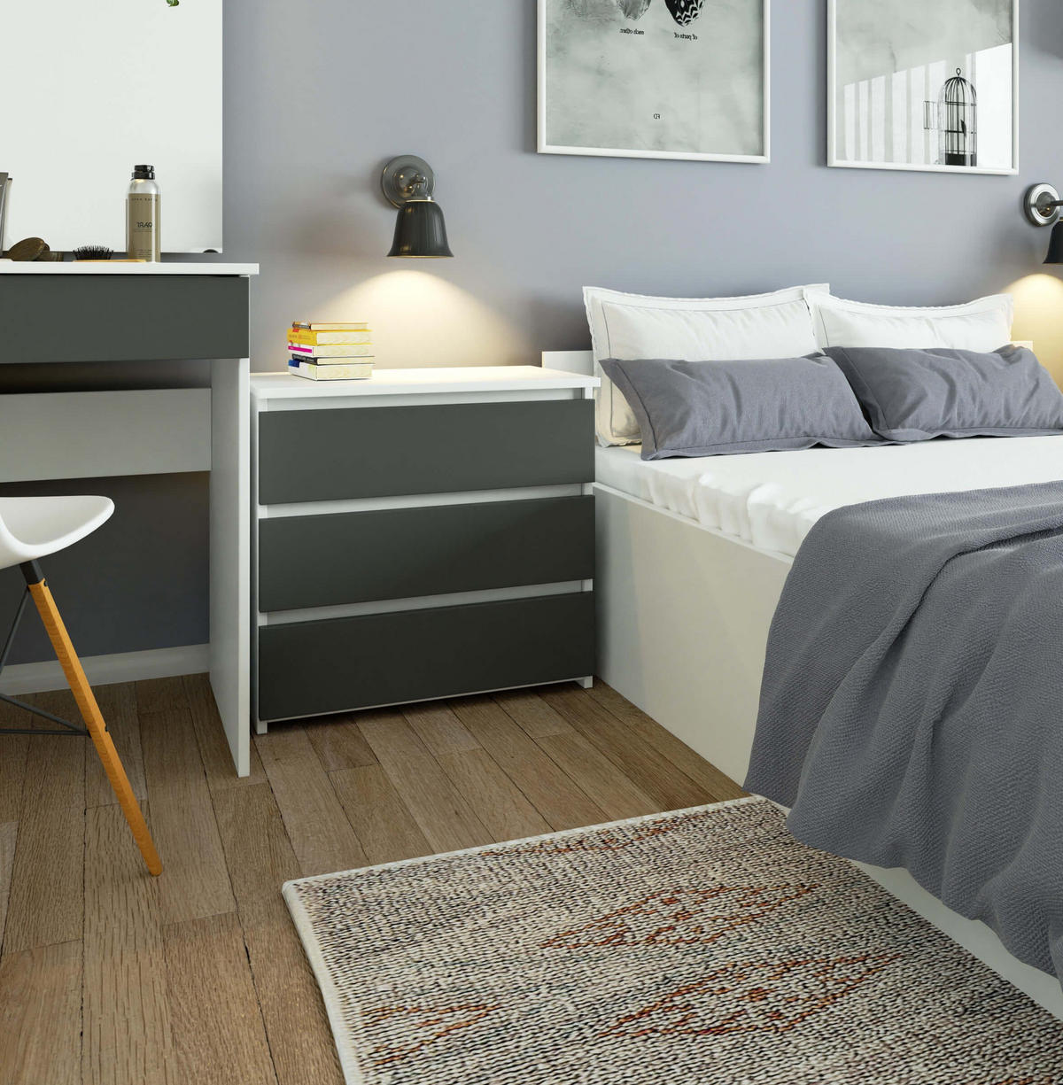 NACHTSCHRANK CL33, Weiß-Grau, 60x35x57 cm - Weiß/Grau, Holz (60/57/35cm) - Milordbikes