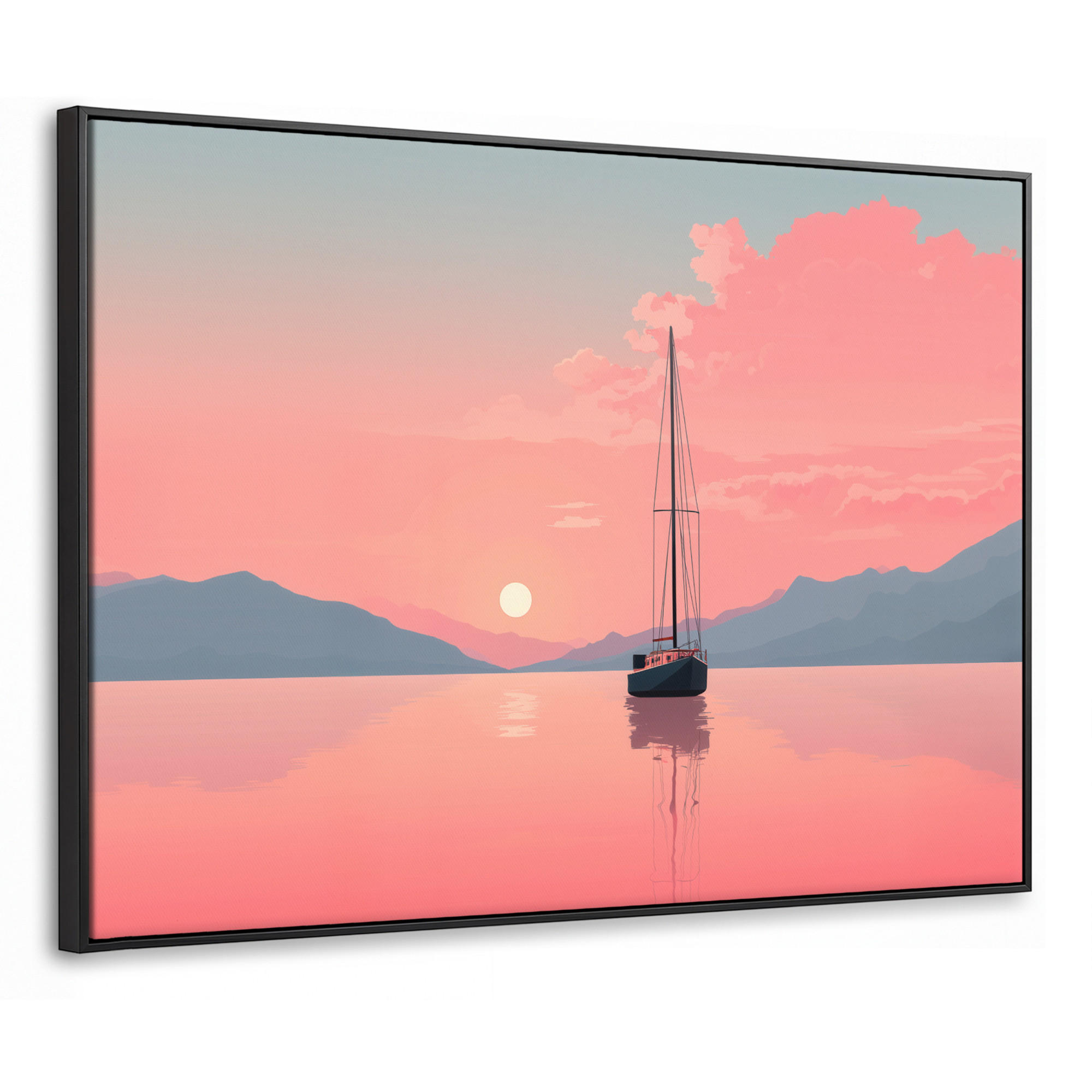 LEINWAND Bilder mit Rahmen - Segelboot - Rosa Meer - Sonnenuntergang - Berge - 100x70 - Rosa, Textil (100/70cm) - OnlyWow