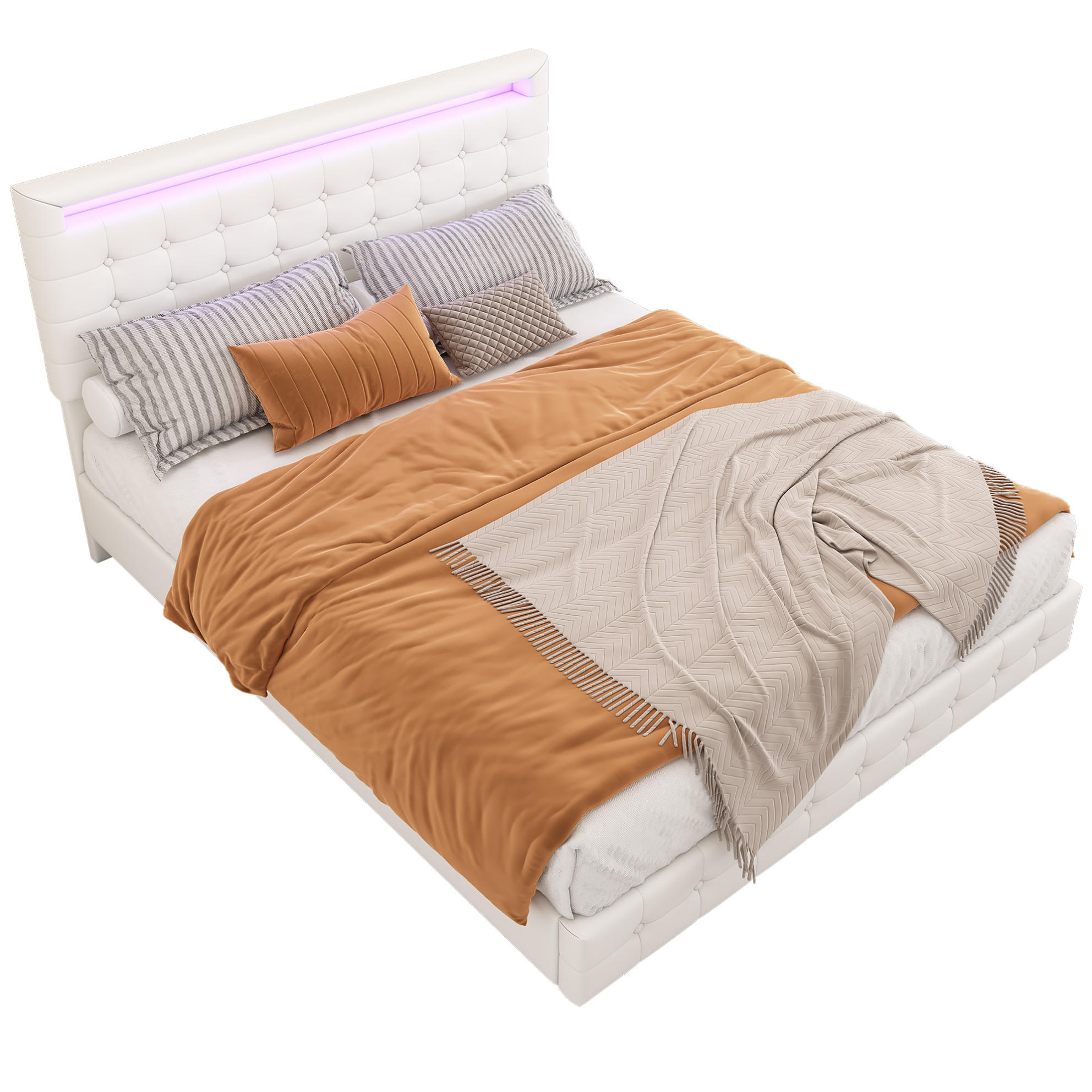 POLSTERBETT mit LED-Beleuchtung 140/200 cm in Weiß mit verstellbarem Kopfteil - Weiß, Leder (140/200cm) - BEAOK