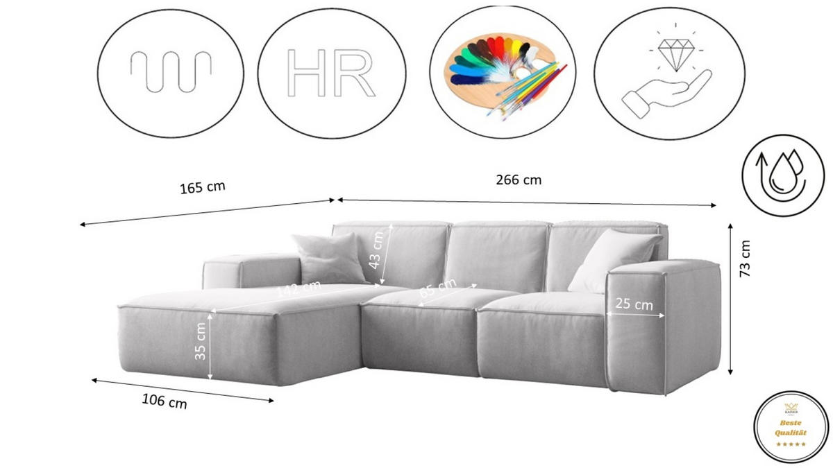 ECKSOFA L-Form Siena Stoff Salvador Hellgrau Links - Hellgrau, Holz (165/266cm) - Kaiser Möbel