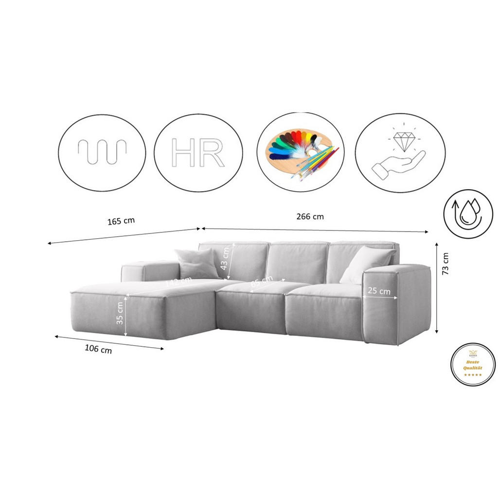 Thumbnail - Kaiser Möbel Ecksofa, Hellgrau, Holz, L-Form, 266x165 cm, Wohnzimmer, Sofas & Couches, Wohnlandschaften, Ecksofas