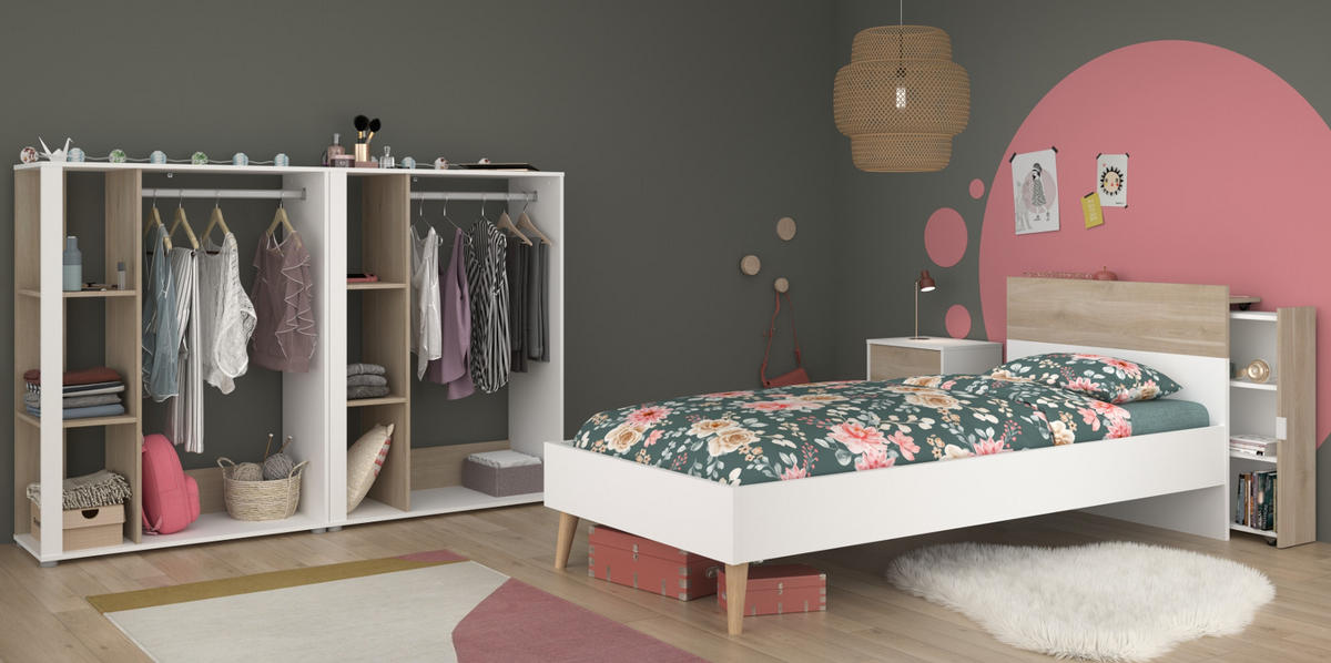 JUGENDZIMMER weiß, Eiche, Komplett-Set 5-teilig mit vielen Fächern - Eichefarben/Weiß, Holzwerkstoff/Kunststoff (95/123/206cm) - Parisot Meuble