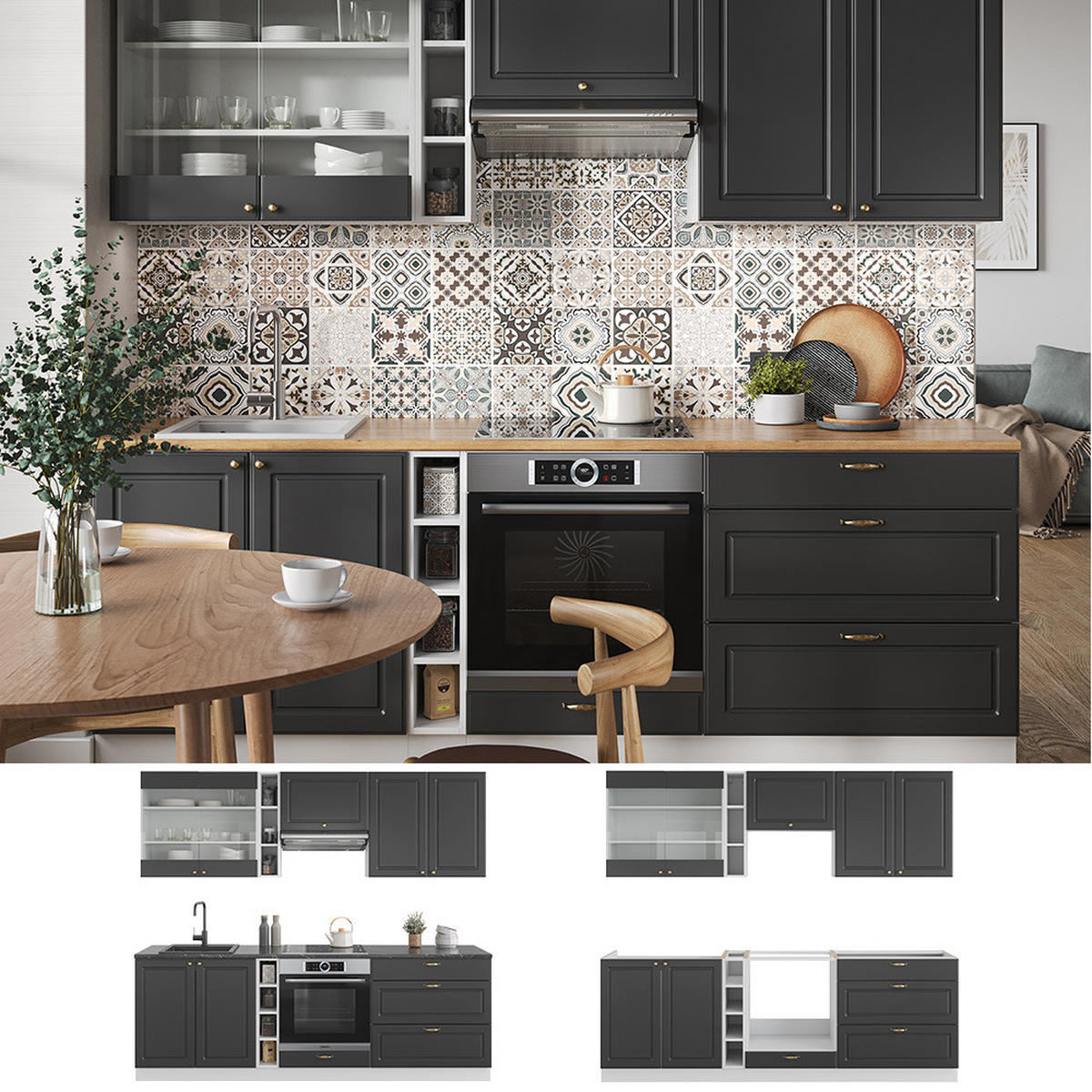 KÜCHENZEILE Fame-Line Anthrazit-Gold/Weiß 235 cm, AP Anthrazit - Graphitfarben/Weiß, Holzwerkstoff (235/81.6/60cm) - Vicco