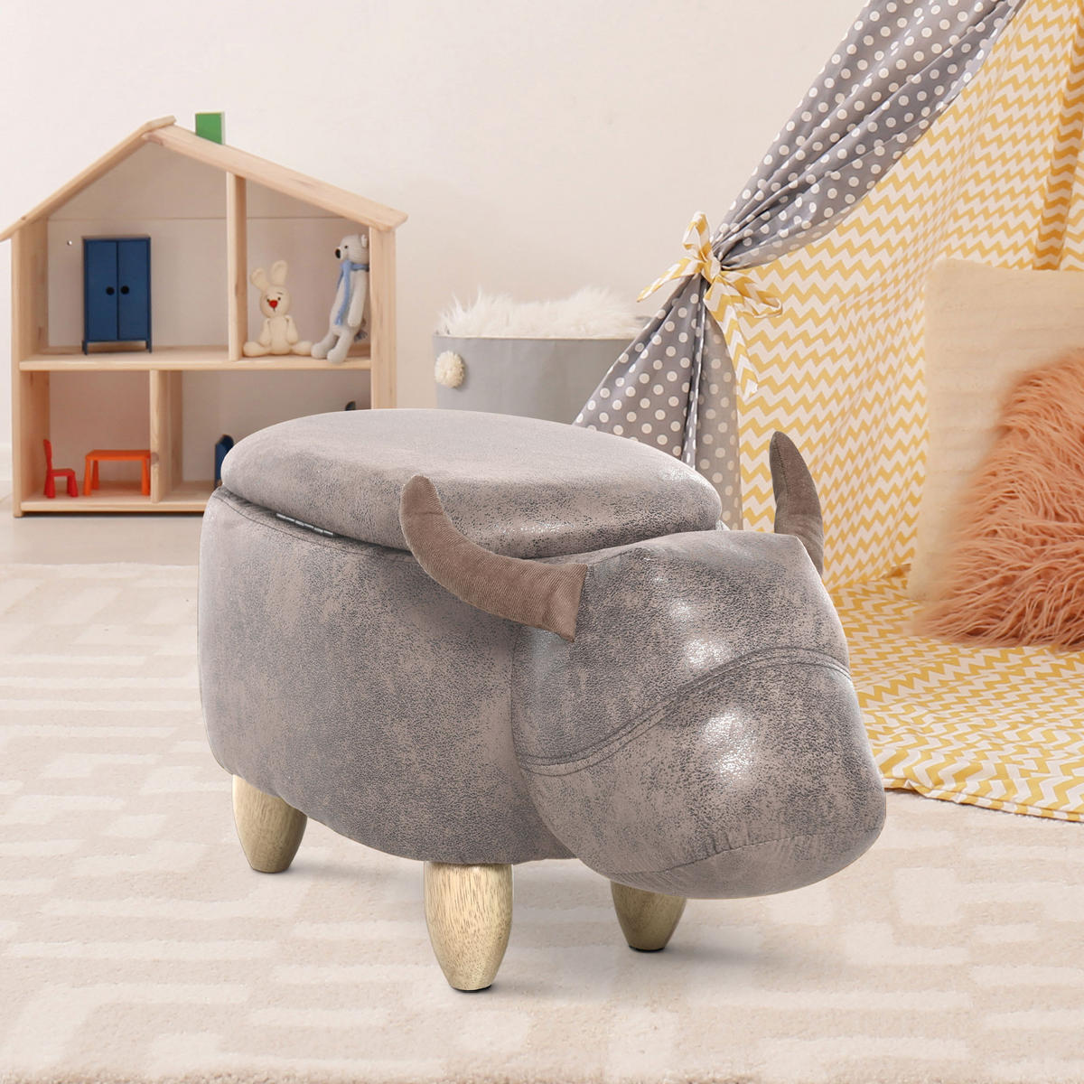 POUF DE-16365 mit Stauraum und Tierkopf-Design Braun - Braun, Textil (35/36/62cm) - ComfortXL