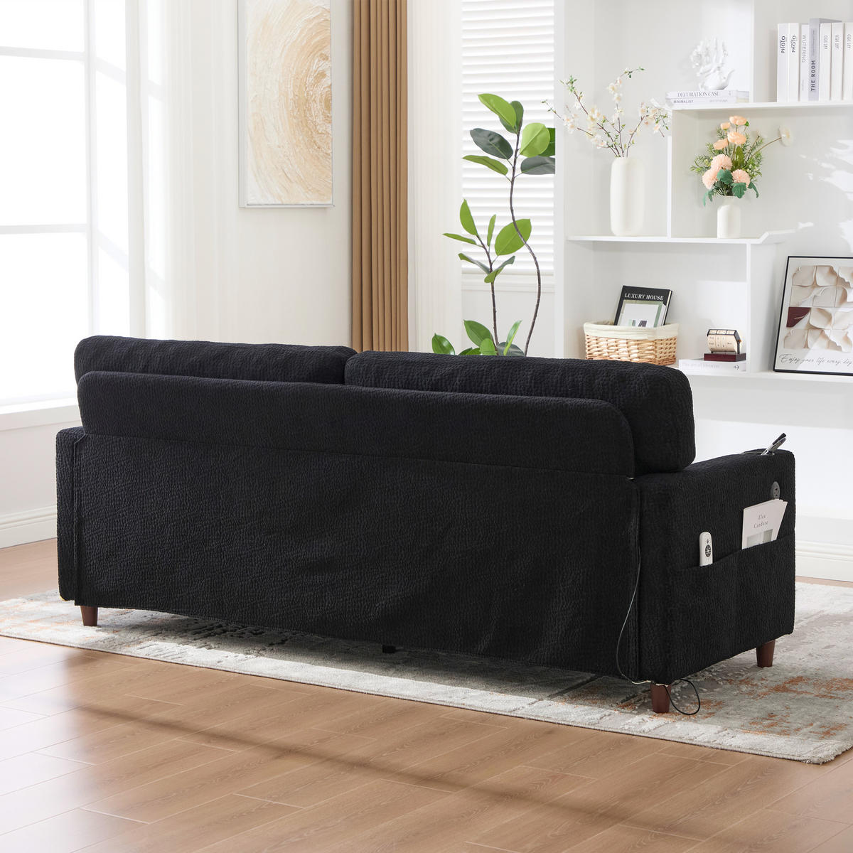 ZWEISITZER Sofa Chenille mit USB-Anschluss und LED-Licht 203/77,5/86 cm Schwarz - Schwarz, Textil (77.5/86/203cm) - Redom