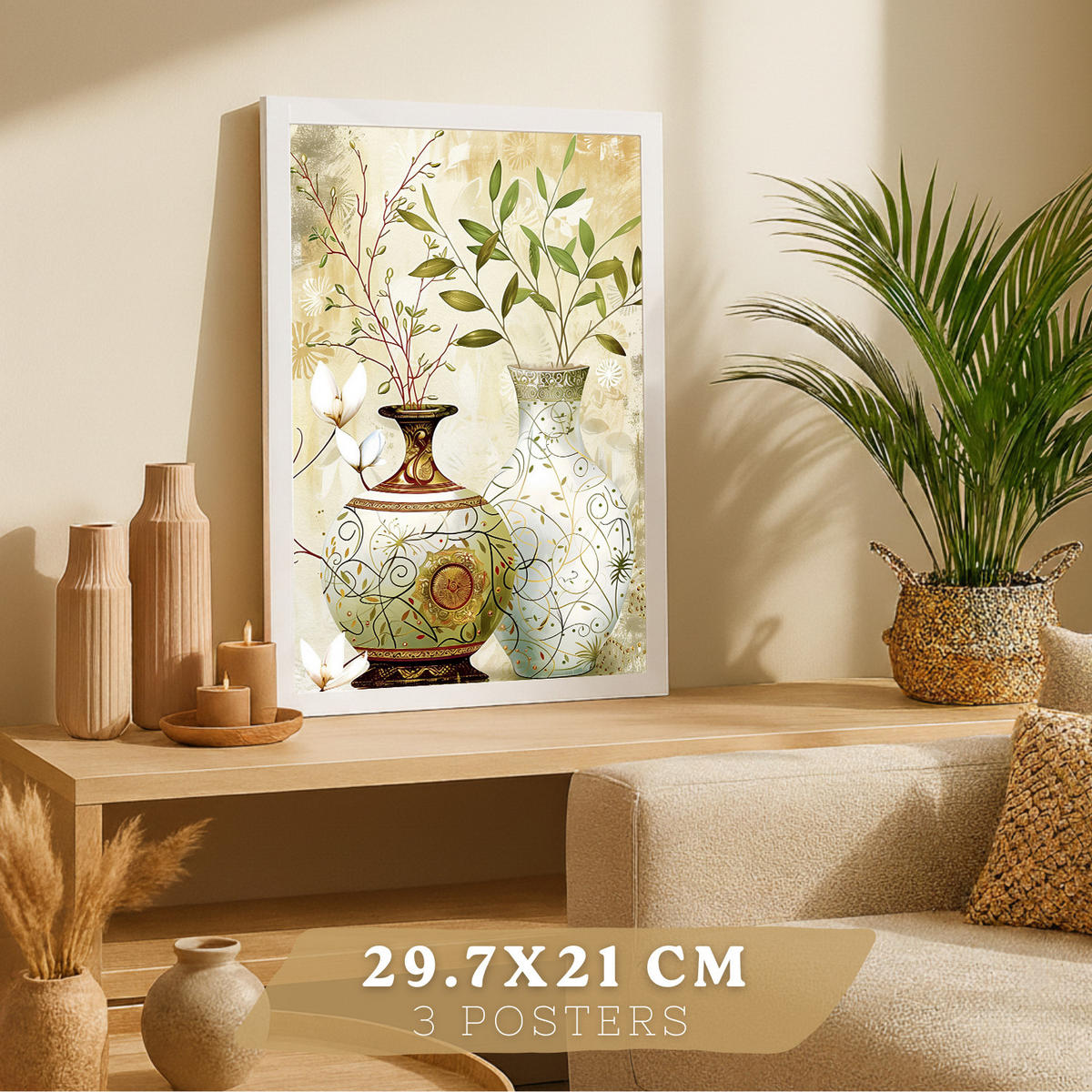 PLAKAT Sada 3 květinových potisků. Dekorativní nástěnné umění s klasickými květinami. Botanické nástěnné PLAKATy s přírodou. Velikost Bílý rám A4 - bílá, papír (21/29.7/3cm) - Nacnic