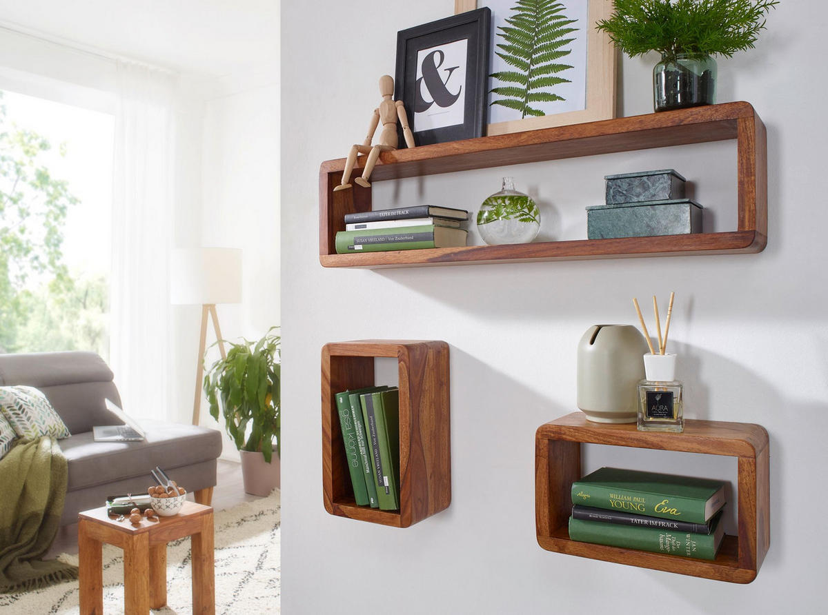 WANDREGAL Set TEKO CUBES Massivholz Abgerundete Ecken, Braun 80x15x20 cm - Braun, Holz (80/20/15cm) - KADIMA DESIGN