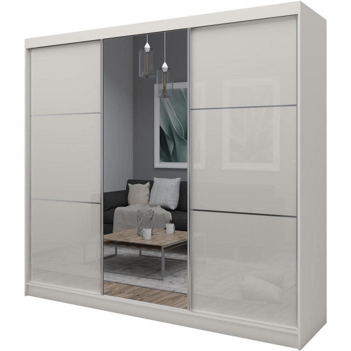 SCHWEBETÜRENSCHRANK Viva II 240/216/61 kaschmirmit Lacobel-Glas und Schubladen - Kaschmir, Holzwerkstoff (240/216/61cm) - Beautysofa