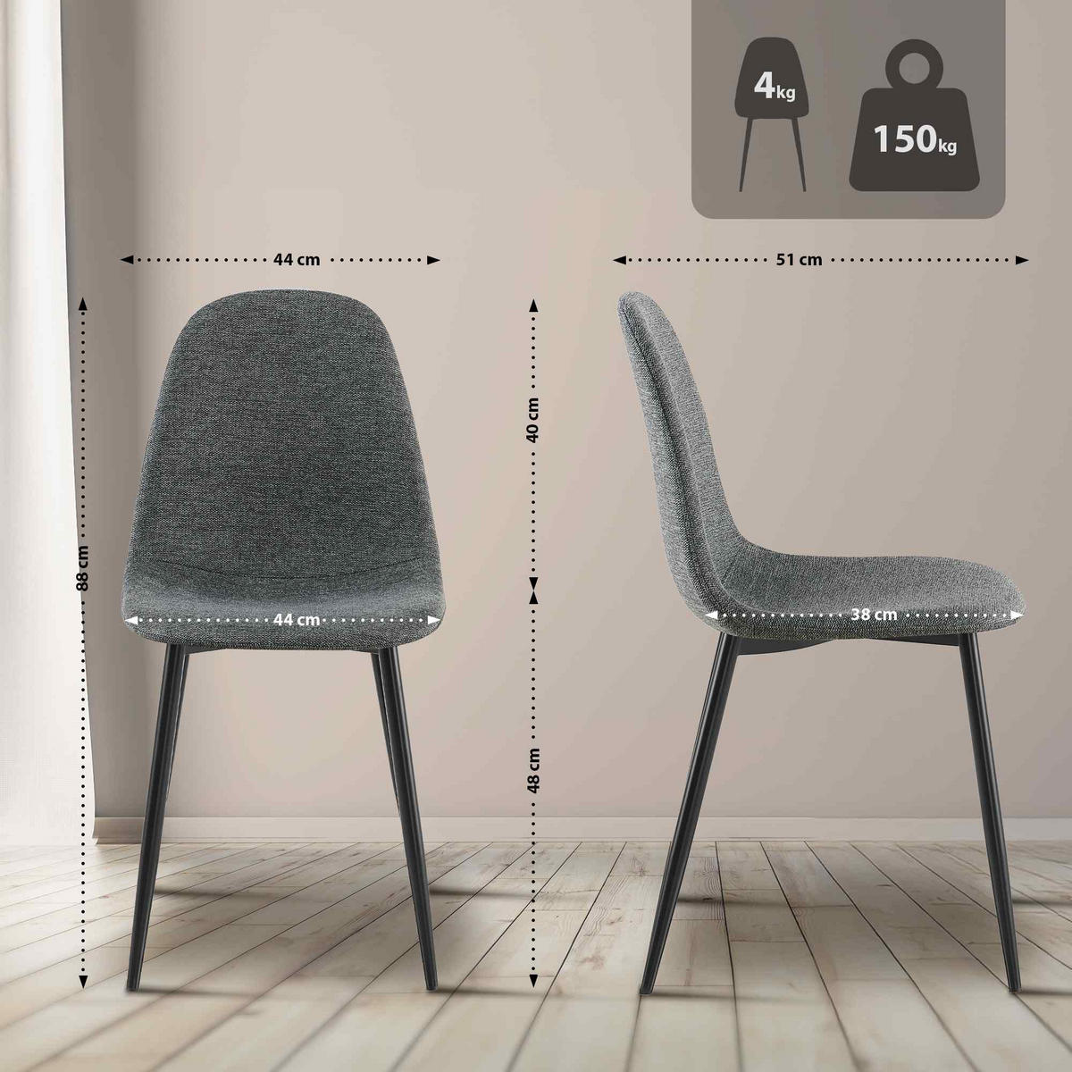 STUHL 4er Set Stoff Grau - Schwarz/Grau, Textil/Metall (44/88/51cm) - CLP