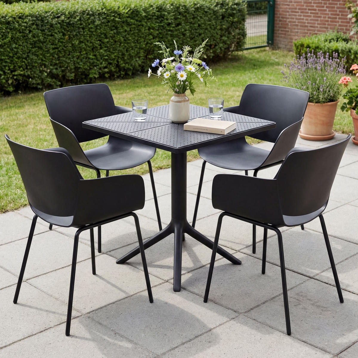 GARTENMÖBEL-SET Alma 4 Stühle 168x168x80cm Kunststoff Schwarz Balkonset - Schwarz, Kunststoff - DELUKE