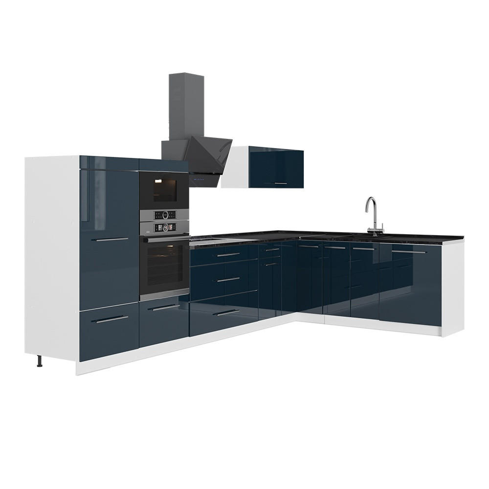 ECKKÜCHE Fame-Line, Dunkelblau Hochglanz/Weiß, 347 x 207 cm, AP Anthrazit - Dunkelblau/Weiß, Holzwerkstoff (347/153.6/60cm) - Vicco