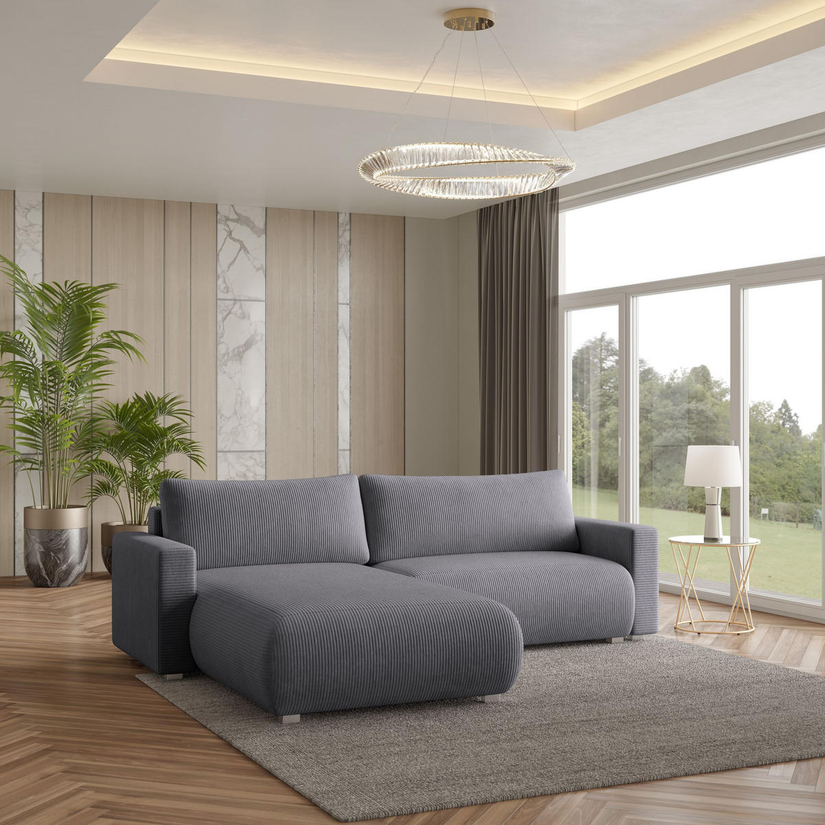 ECKSOFA TURIN P Grau Kordstoff mit Schlaffunktion - Grau, Holz (265/183cm) - MASSENO