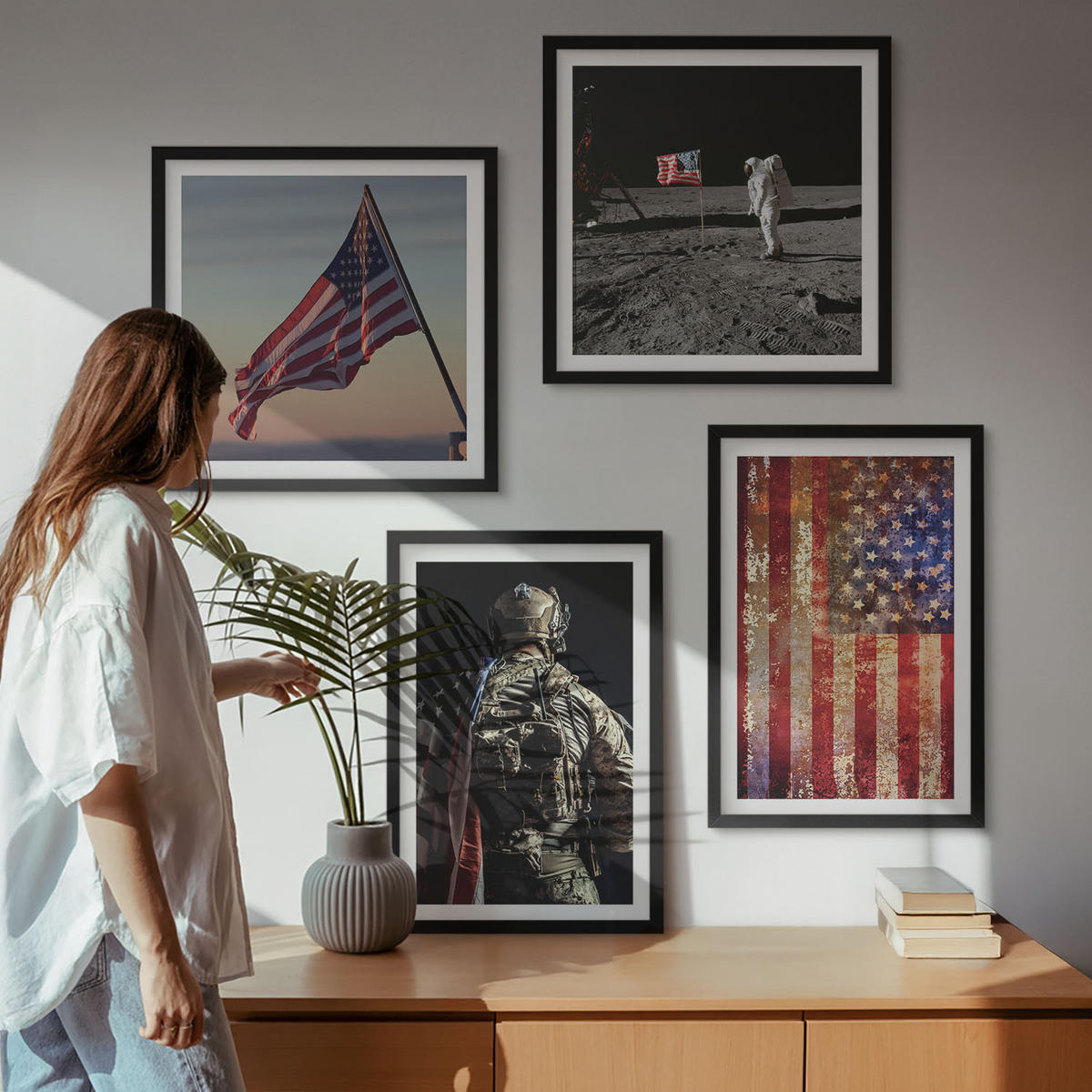BILDER SET 4er Set - 50x50 cm & 40x60 cm Schwarzer Rahmen - Amerikanische Symbole, USA-Flagge - Schwarz, Kunststoff (50/50cm) - TULUP