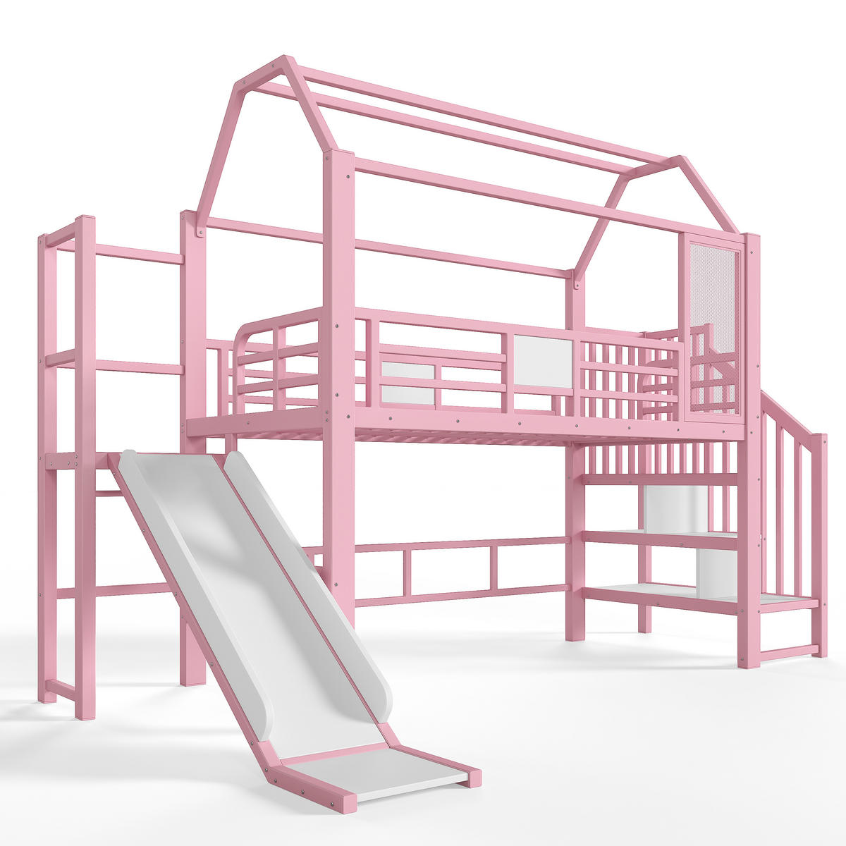 HOCHBETT 90/200cm mit Rutsche, LED/Treppe, Metall, Rosa - Rosa, Metall (90/200cm) - LVHOM