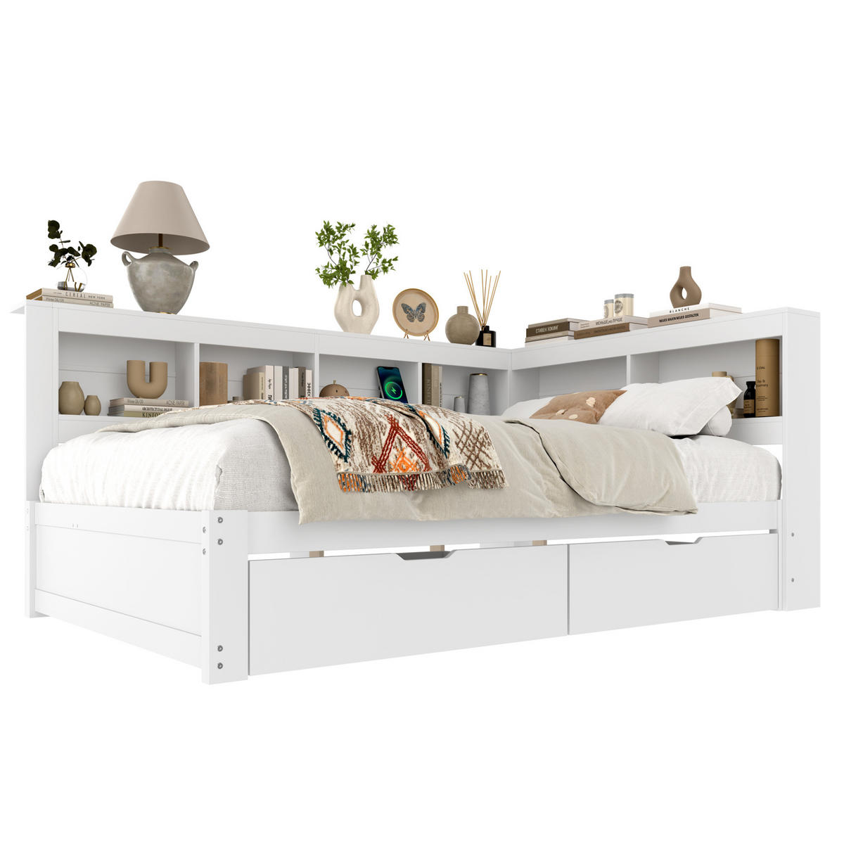 TAPECIRANI krevet na razvlačenje, 140/200 cm, MDF/borovo drvo, bijeli s USB - bijela, drvni materijal (140/200cm) - BEAOK