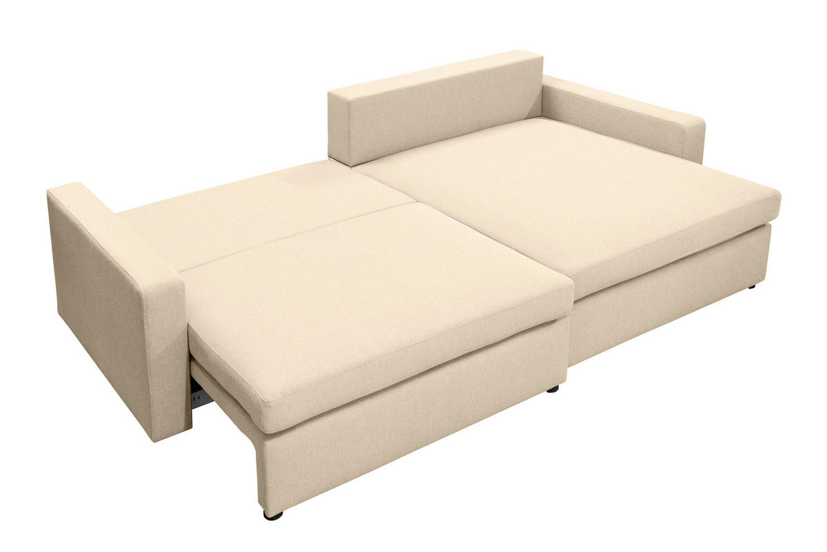 ECKSOFA Mit Schlaffunktion Und Bettzeugablage LUBEKA Stoff Faro Ecru Rechts - Ecru, Holz (224/147cm) - Kaiser Möbel