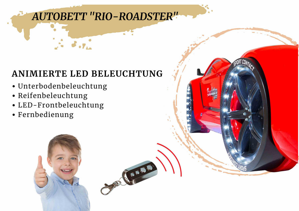 AUTOBETT Roadster Rot Kinderbett LED Sound Sportsitze Lattenrost Spoiler - Rot/Schwarz, Holzwerkstoff/Kunststoff (90/190cm) - Aileenstore