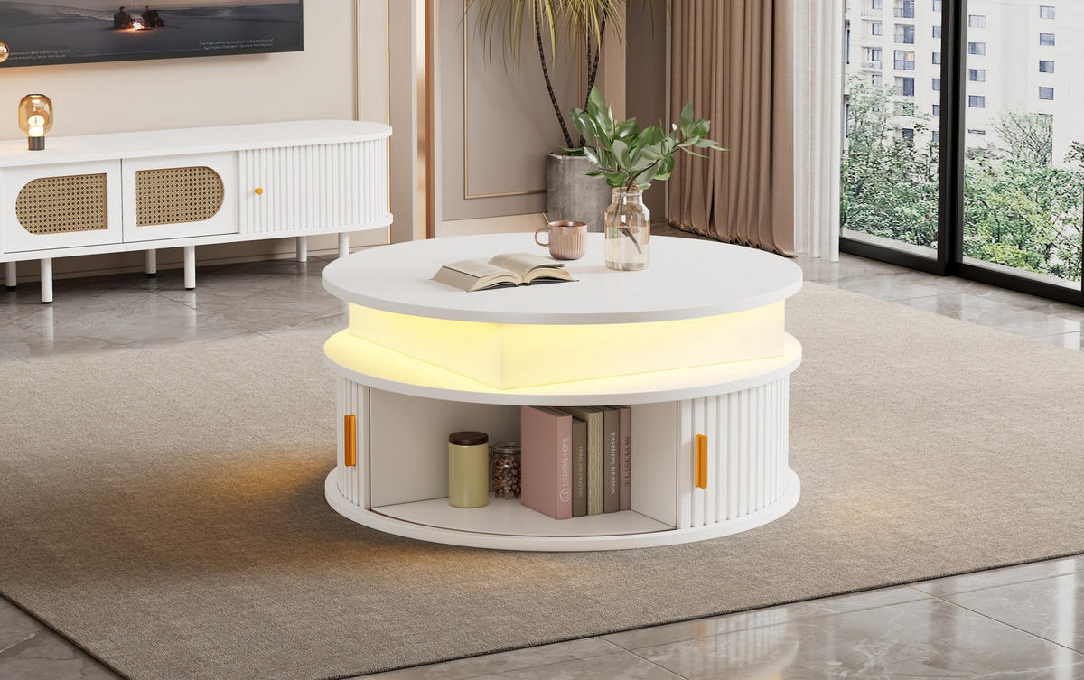 COUCHTISCH 75/75/52 cm aus MDF, höhenverstellbar mit LED-Beleuchtung, Rollladentüren und Stauraum, Weiß - Weiß, Holzwerkstoff (75/75/52cm) - Modfu