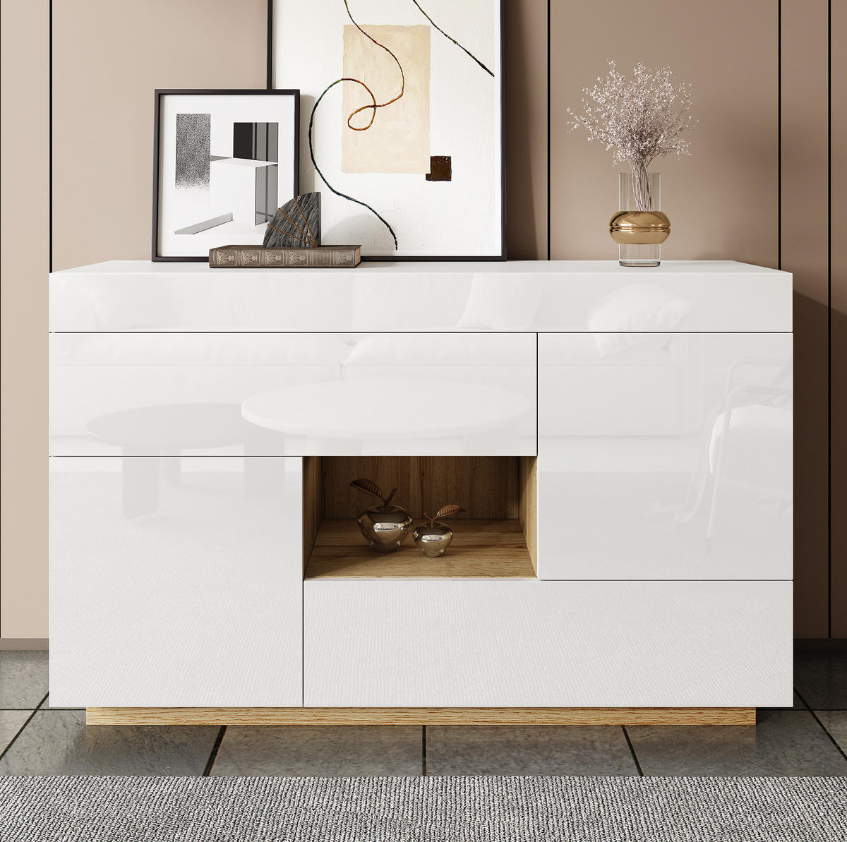 SIDEBOARD 120/76,5/37 cm in Weiß mit LED-Beleuchtung und 2 Schubladen - Weiß, Holzwerkstoff (120/37/76.5cm) - Flora Grace
