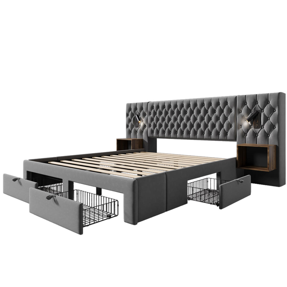 SAMT-POLSTERBETT 180/200 cm mit USB-Leselicht und 4 Schubladen in Grau - Grau, Textil (180/200cm) - BEAOK
