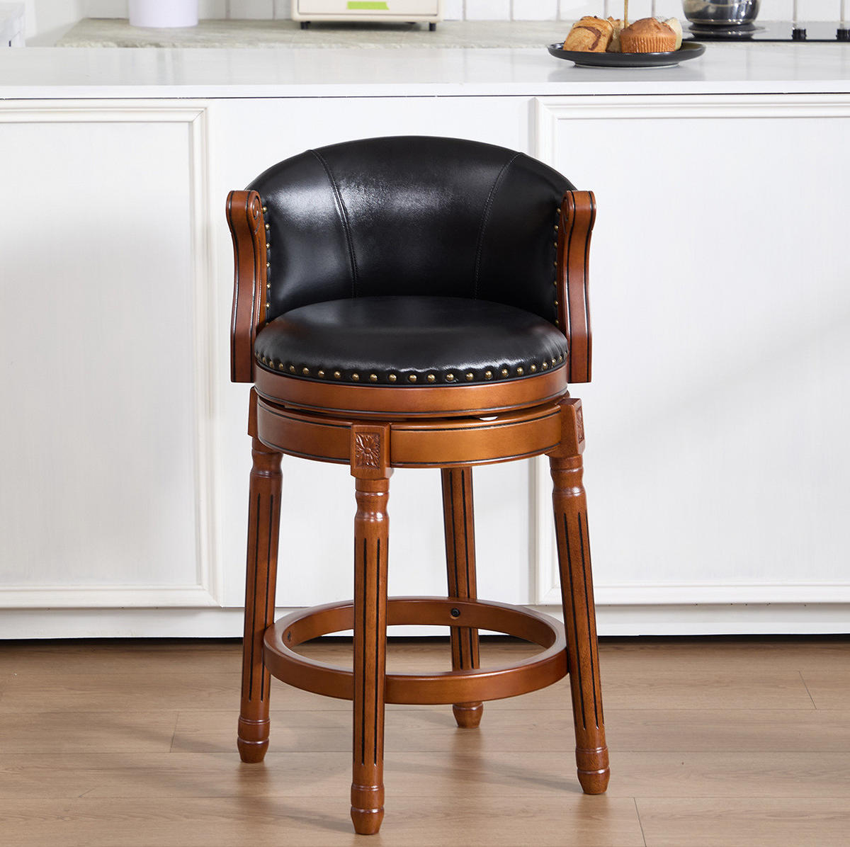 BARHOCKER drehbar Sitzhöhe ca. 66 cm Leder Holz Schwarz - Schwarz, Holz (54.8/96/54.81cm) - Meubliv