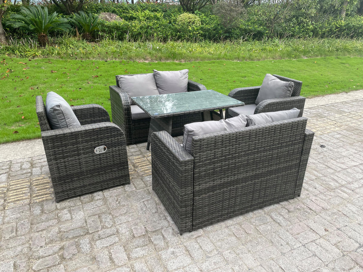 GARTENMÖBEL SET PE Polyrattan 6-Sitzer Grau - Dunkelgrau/Grau, Glas/Kunststoff - Fimous